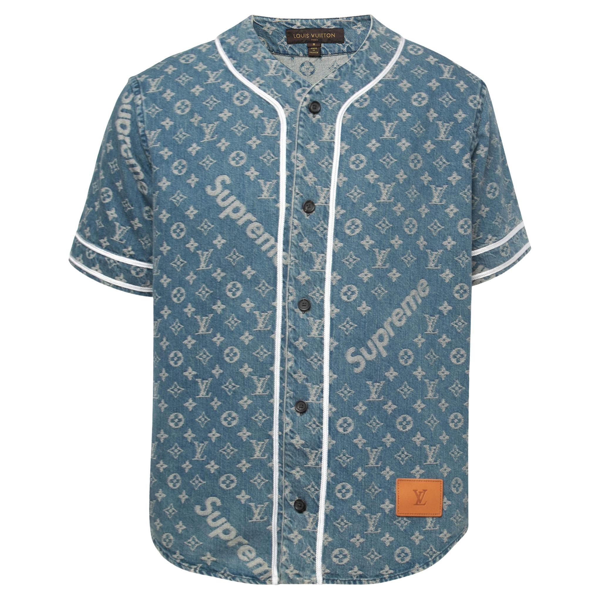 Louis Vuitton x Supreme Light Wash Monogram Denim Baseball Shirt S For Sale  at 1stDibs