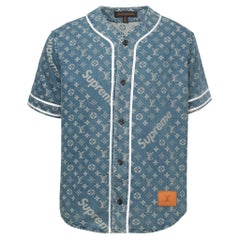 Louis Vuitton x Supreme Light Wash Monogram Denim Baseball Shirt S