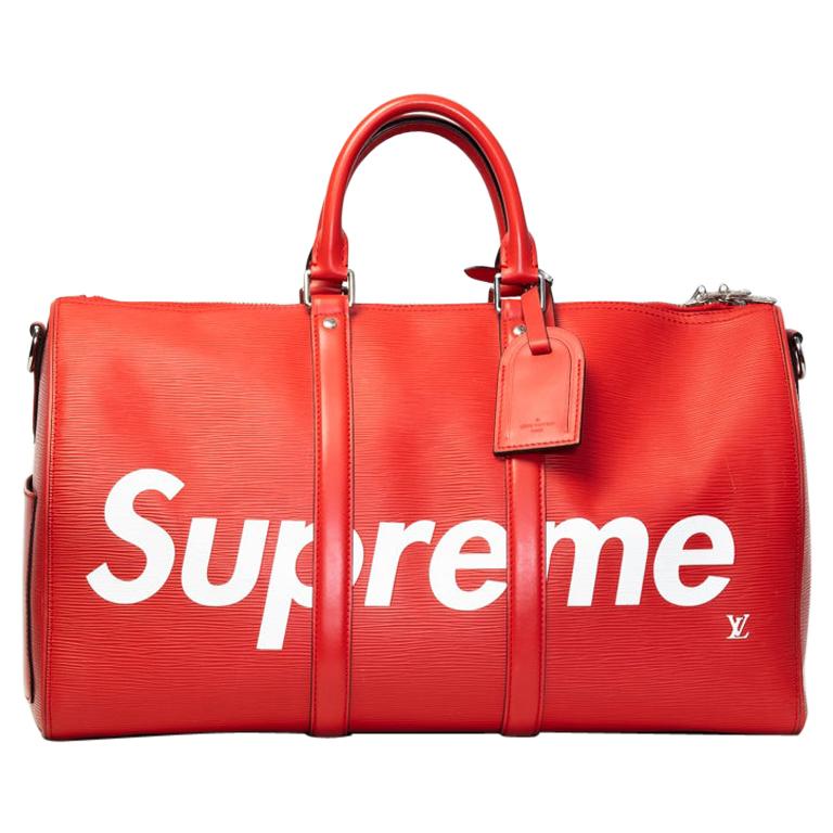 Louis Vuitton X Supreme Limited Edition Red Epi Bandouliere Duffle Keepall  45 For Sale at 1stDibs
