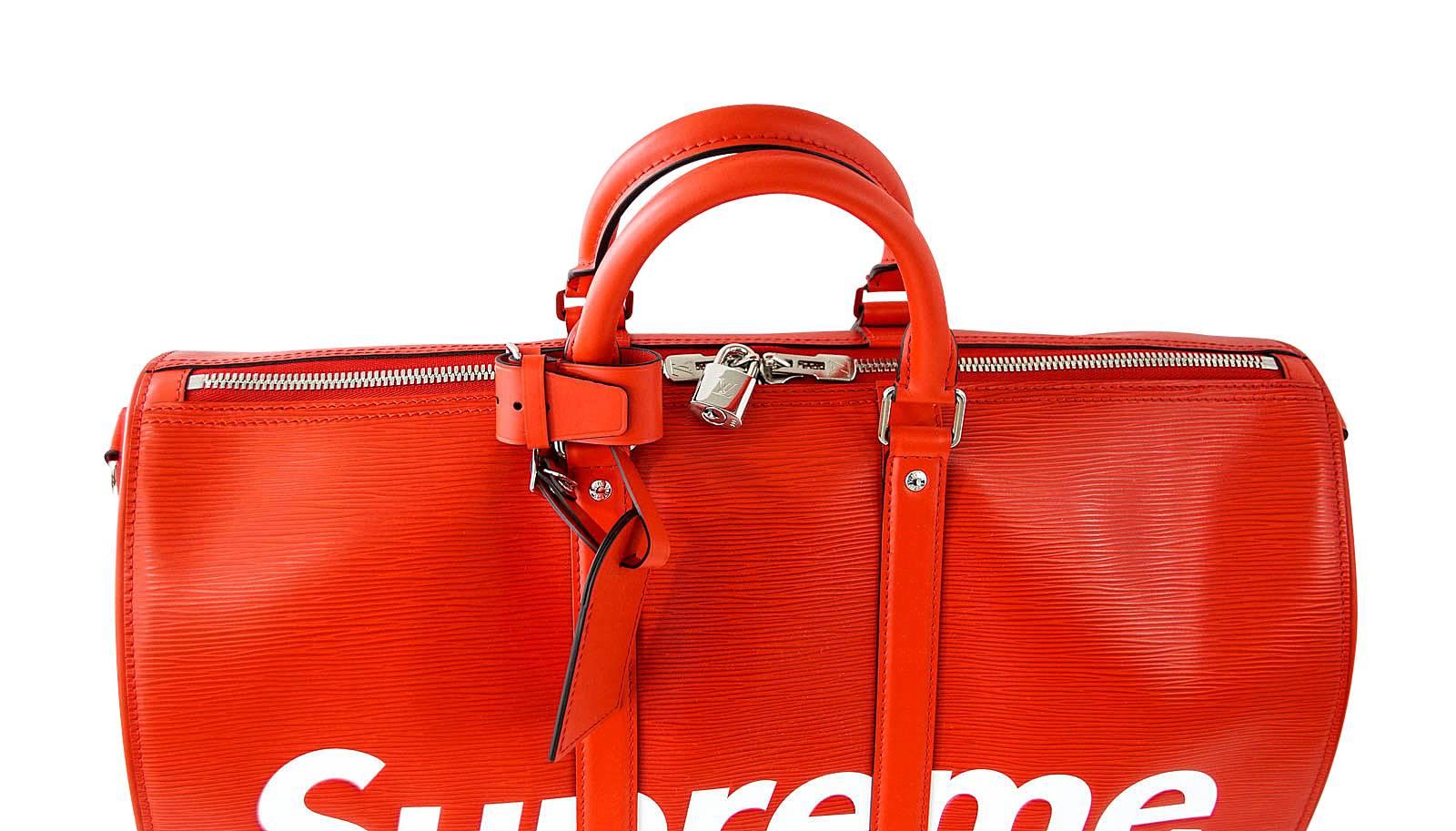 Louis Vuitton X Supreme Red Epi Keepall Bandouliere Duffle Bag 45 at  1stDibs | supreme duffle bag, supreme x lv duffle bag, supreme lv duffle bag