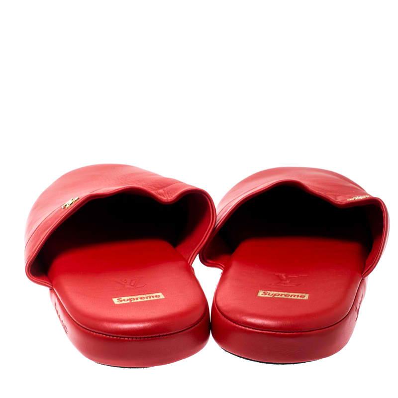 Women's Louis Vuitton x Supreme Red Leather Hugh Flat Slippers Size 42