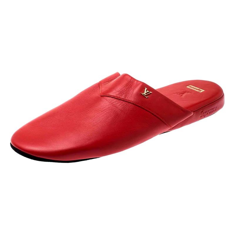 Louis Vuitton x Supreme Red Leather Hugh Flat Slippers Size 42