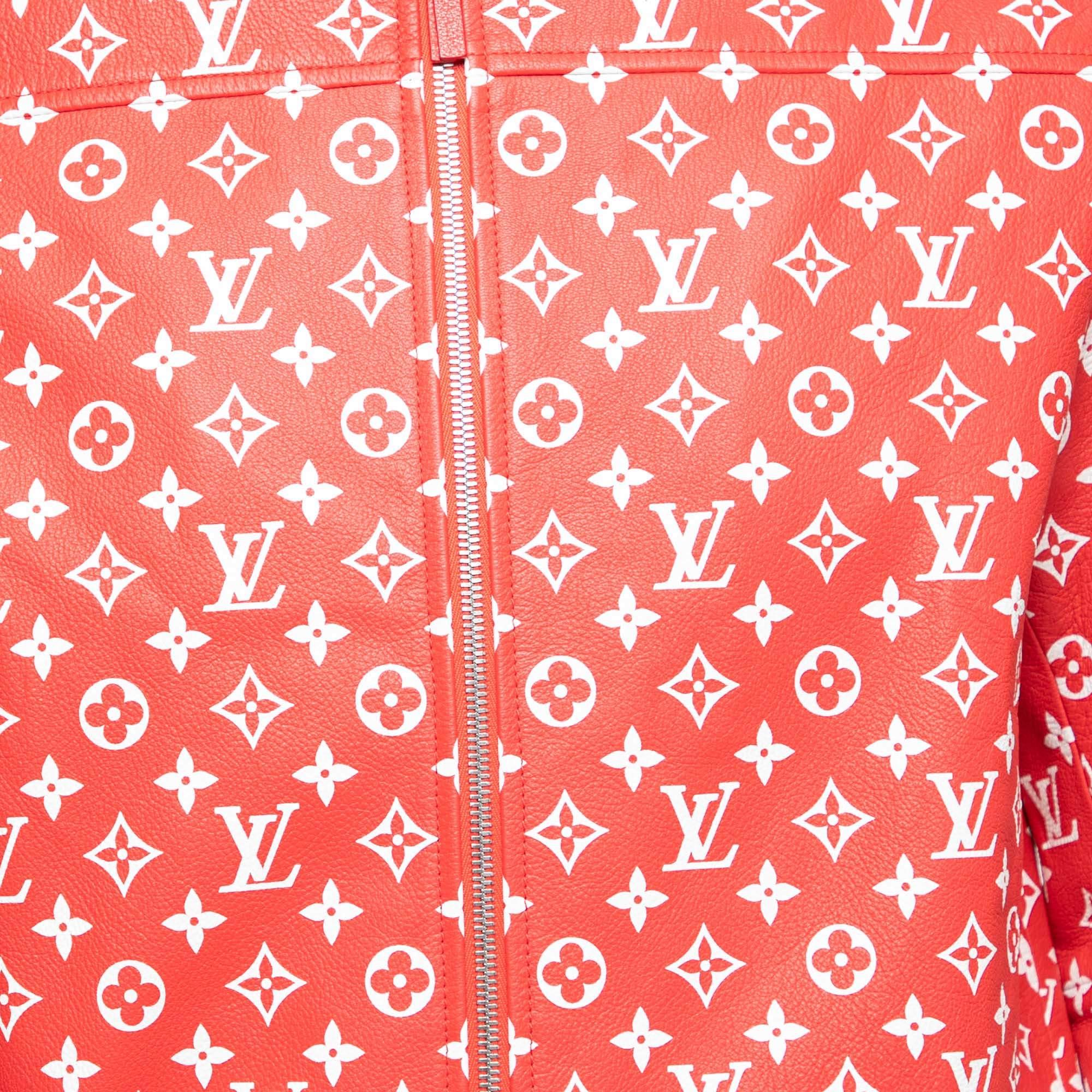 Louis Vuitton X Supreme Red Monogram Leather Bomber Jacket M In Excellent Condition For Sale In Dubai, Al Qouz 2
