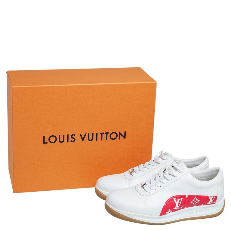 supreme x louis vuitton monogram red sneakers. , worn