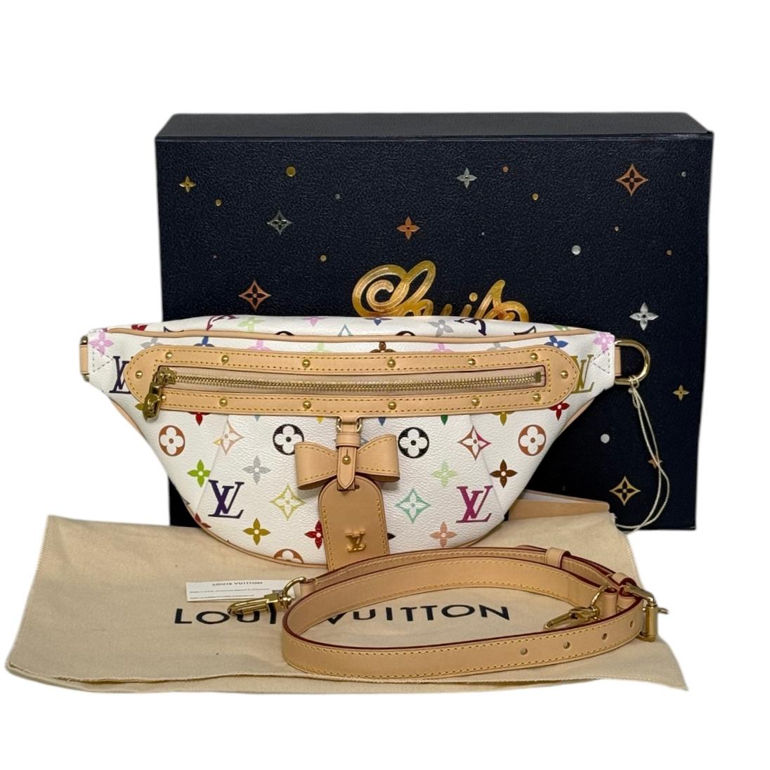 LOUIS VUITTON BELT WHITE BAG 2025, The High Rise bumbag is a lively and eye-catching piece from the re-edition of the Louis Vuitton x Murakami collection. 
it showcases the iconic Monogram pattern in a vibrant rainbow palette inspired by the
