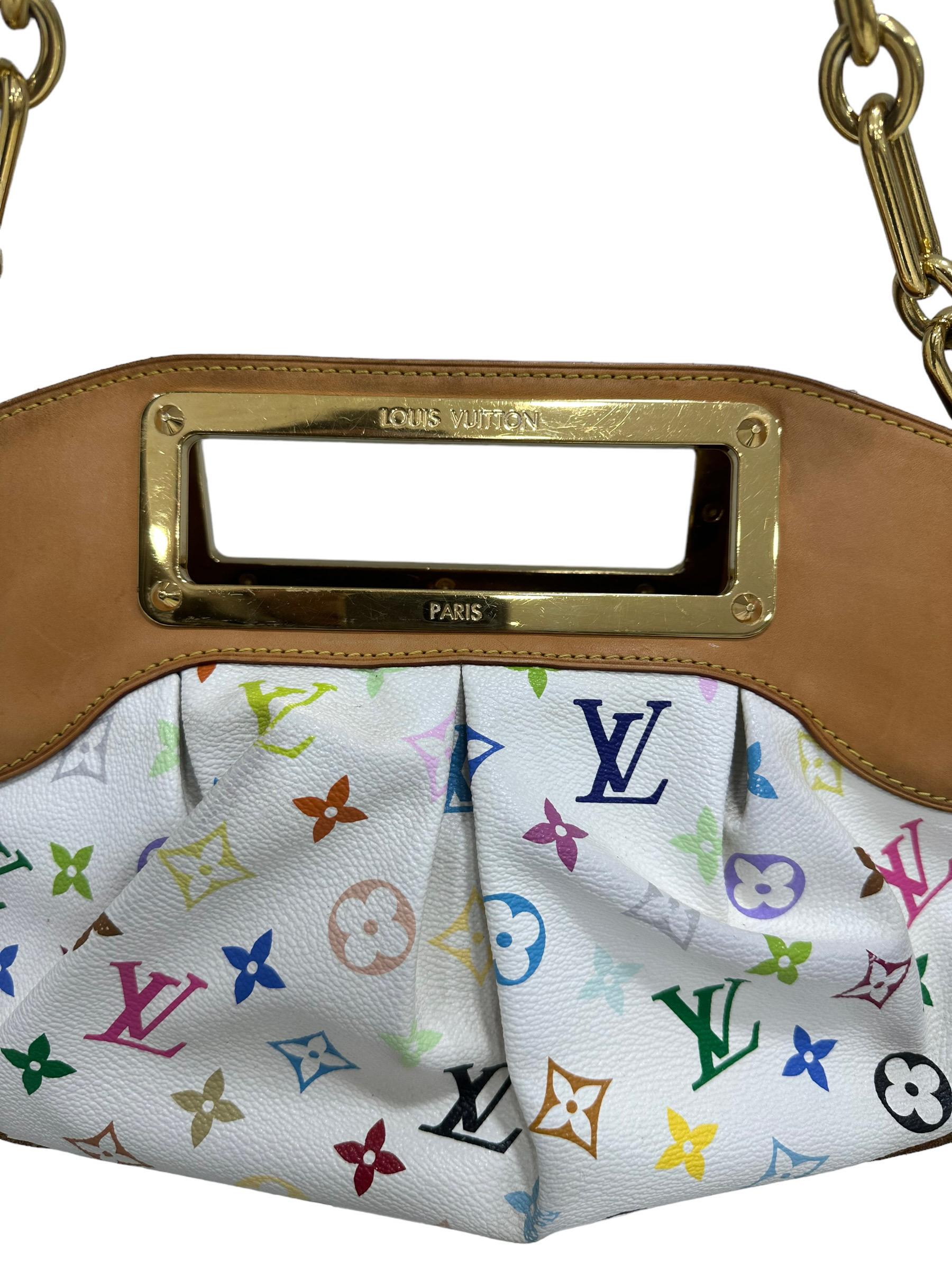 Louis Vuitton Tasche, Modell Judy, Größe PM, limitierte Auflage in Zusammenarbeit mit Takashi Murakami. Aus mehrfarbigem Canvas mit weißem Hintergrund, mit Einsätzen aus Rindsleder und goldenem Hartgewebe. Ausgestattet mit einem zentralen Verschluss