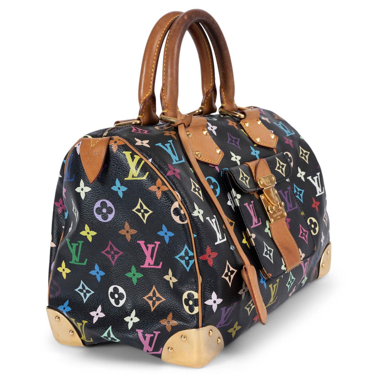 100% authentic Louis Vuitton limited edition Speedy 30 in collaboration with artist Takashi Murakami for SS 2003  in black Monogram Multicolore canvas. Features a flap pocket with push-lock on the front, brass corners and leather clochette and