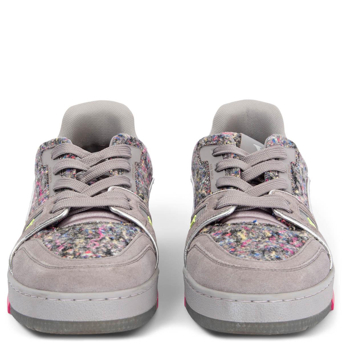 100% authentic Louis Vuitton x Virgil Abloh LV Trainer sneakers in grey and multicolor felt with suede trims and silver leather piping. Part of the felt collection these sneakers are made from 100% recycled materials only. Have been worn once or
