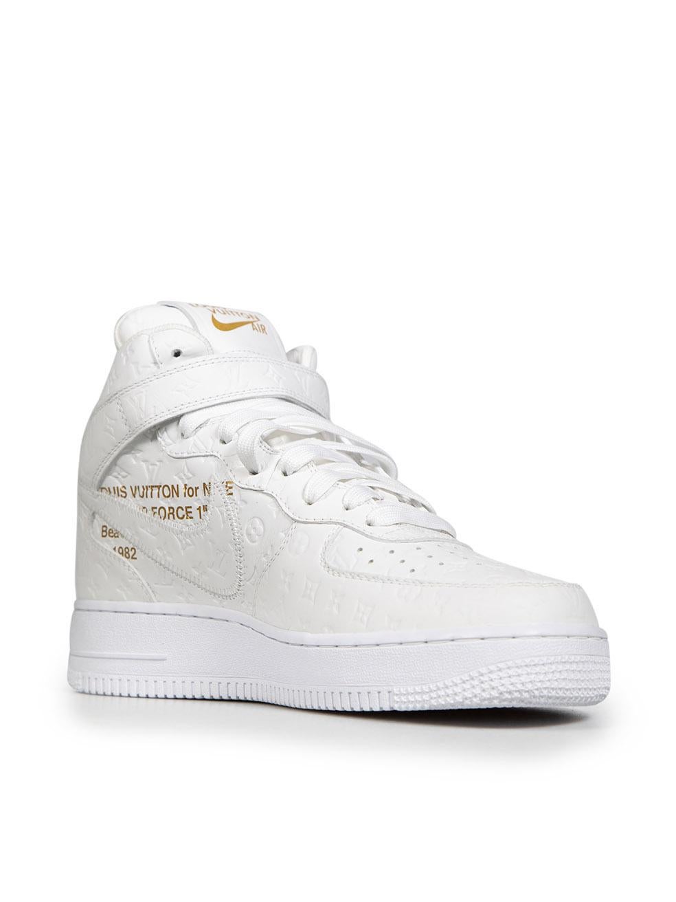 CONDITION is Never worn. No visible wear to the trainers is evident on this new Louis Vuitton designer resale item. This item comes with the original box and dust bag.
  
  Details
  
  
  Model: Louis Vuitton x Air Force 1 Mid 'Triple White' by