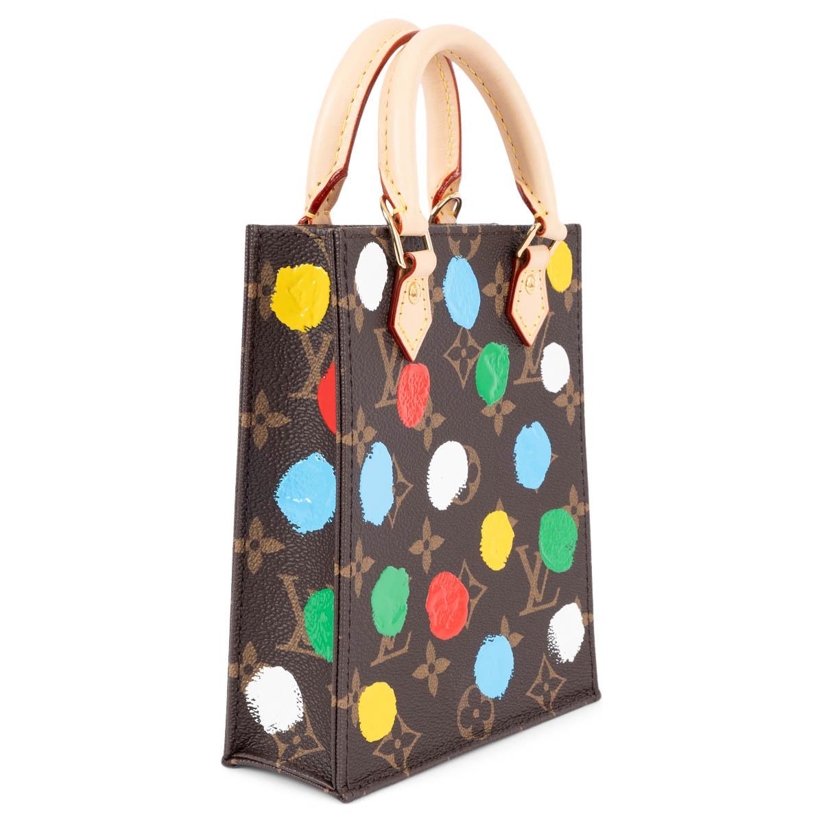 100% authentic Louis Vuitton x Yayoi Kusama Petit Sac Plat mini tote in Ebene Monogram canvas with multicolor 3D painted dots. Features natural cowhide-leather trim, gold-plated hardware and removable and adjustable shoulder strap. Lined in red
