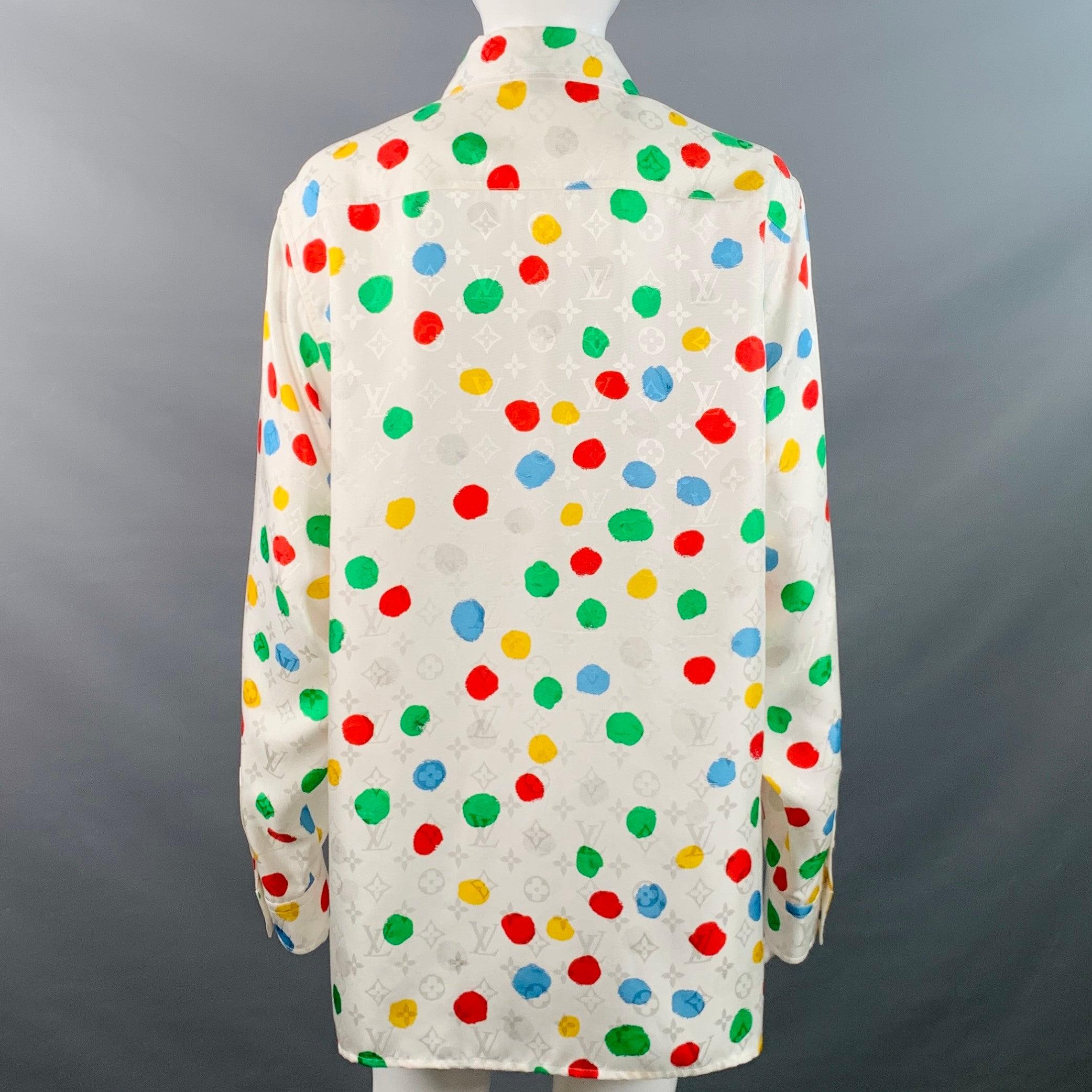 Women's LOUIS VUITTON x YAYOI KUSAMA Size M White Multi Color Silk Monogram Dots Button Up Shirt For Sale