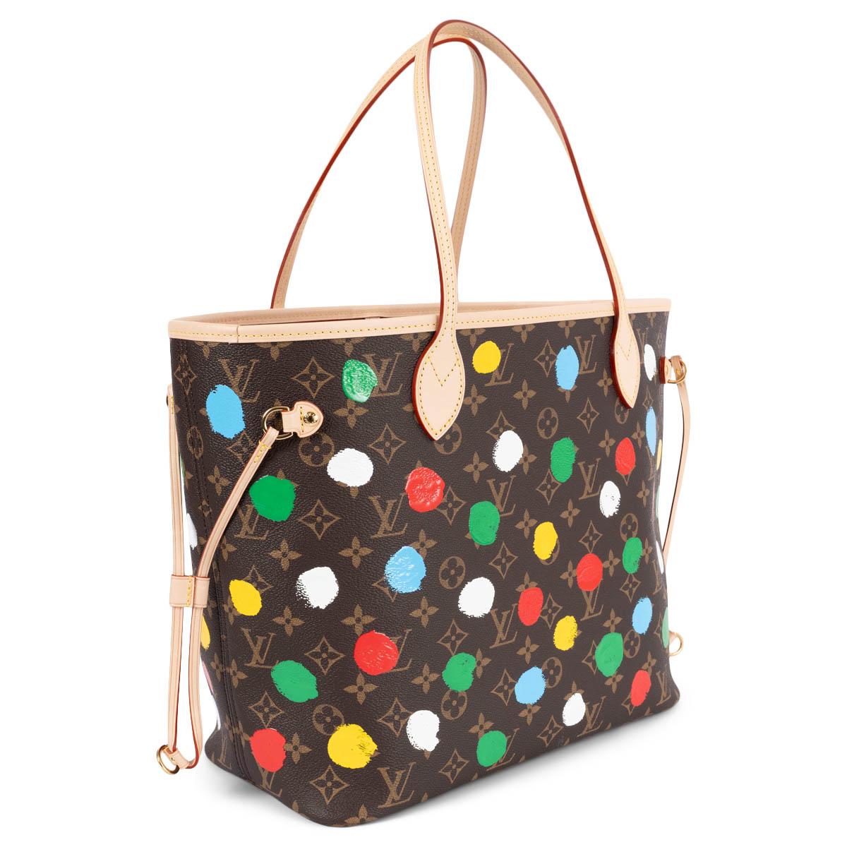 100% authentic Louis Vuitton x Yayoi Kusama Neverfull MM in Ebene brown Monogram canvas with multicolor 3D painted dots. Features natural cowhide-leather trim, straps, handles and gold-plated hardware. Closes with a dog hook on top. Lined in red