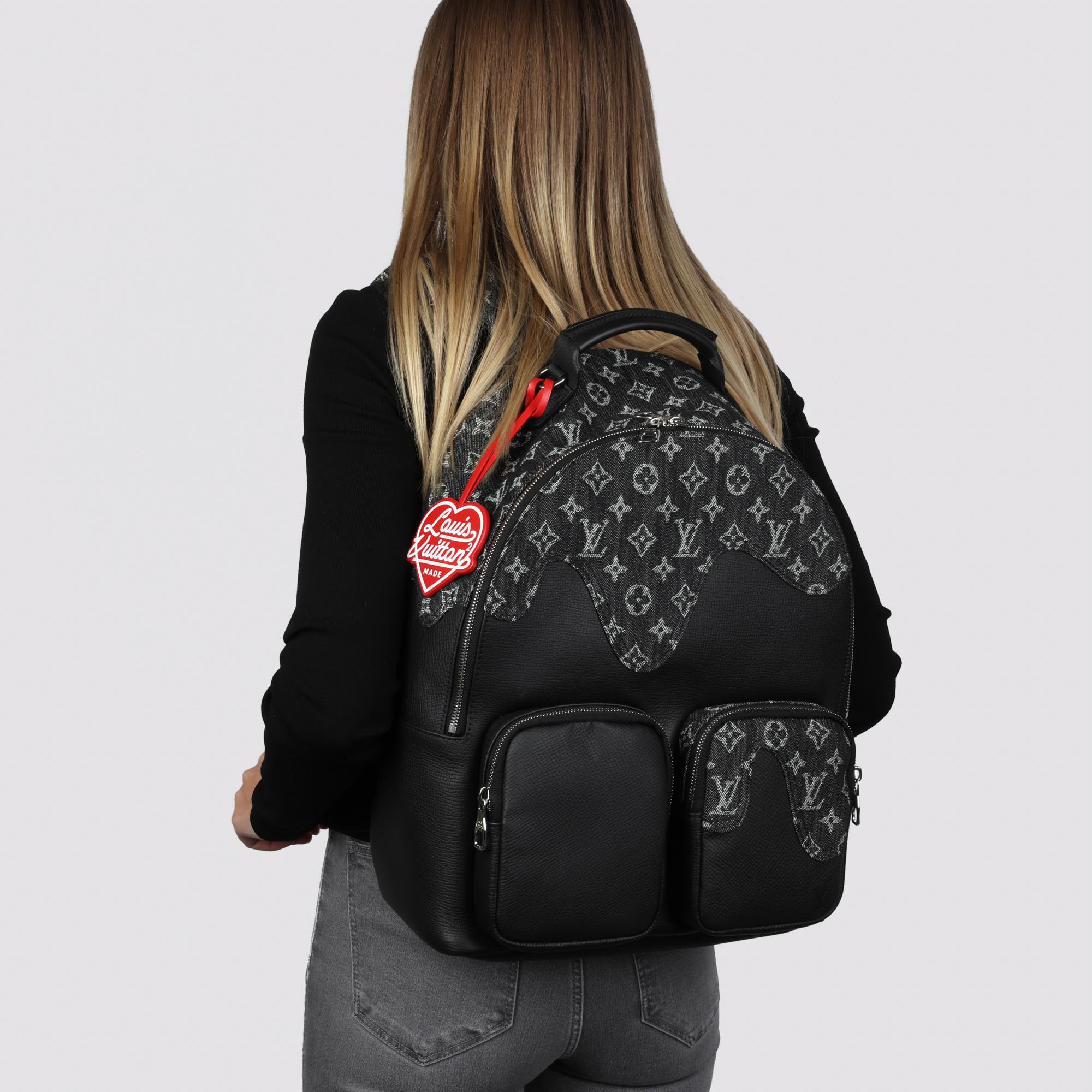 Louis Vuitton xNigo Navy Taurillon Leather & Monogram Denim MultiPocket Backpack For Sale 6