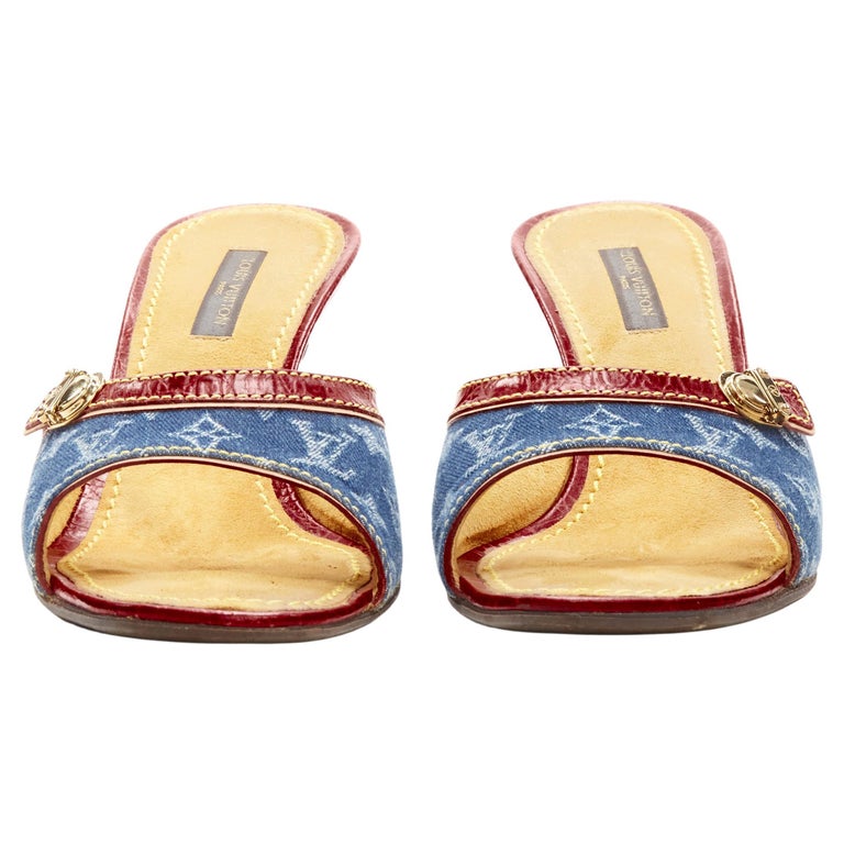 LOUIS VUITTON Y2K blue denim buckle leather high heel mule sandal EU37