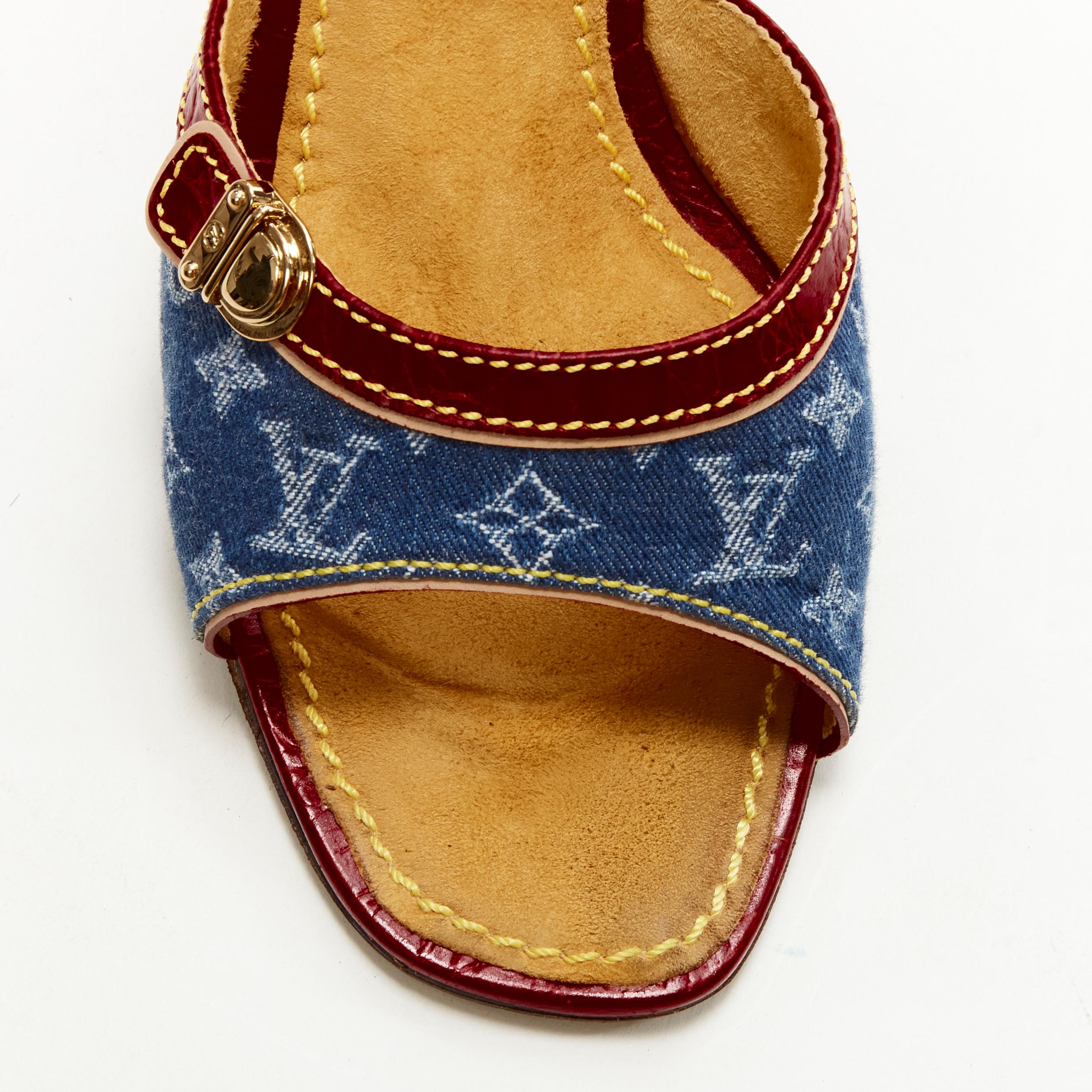 LOUIS VUITTON Y2K blue denim buckle leather high heel mule sandal EU37 2