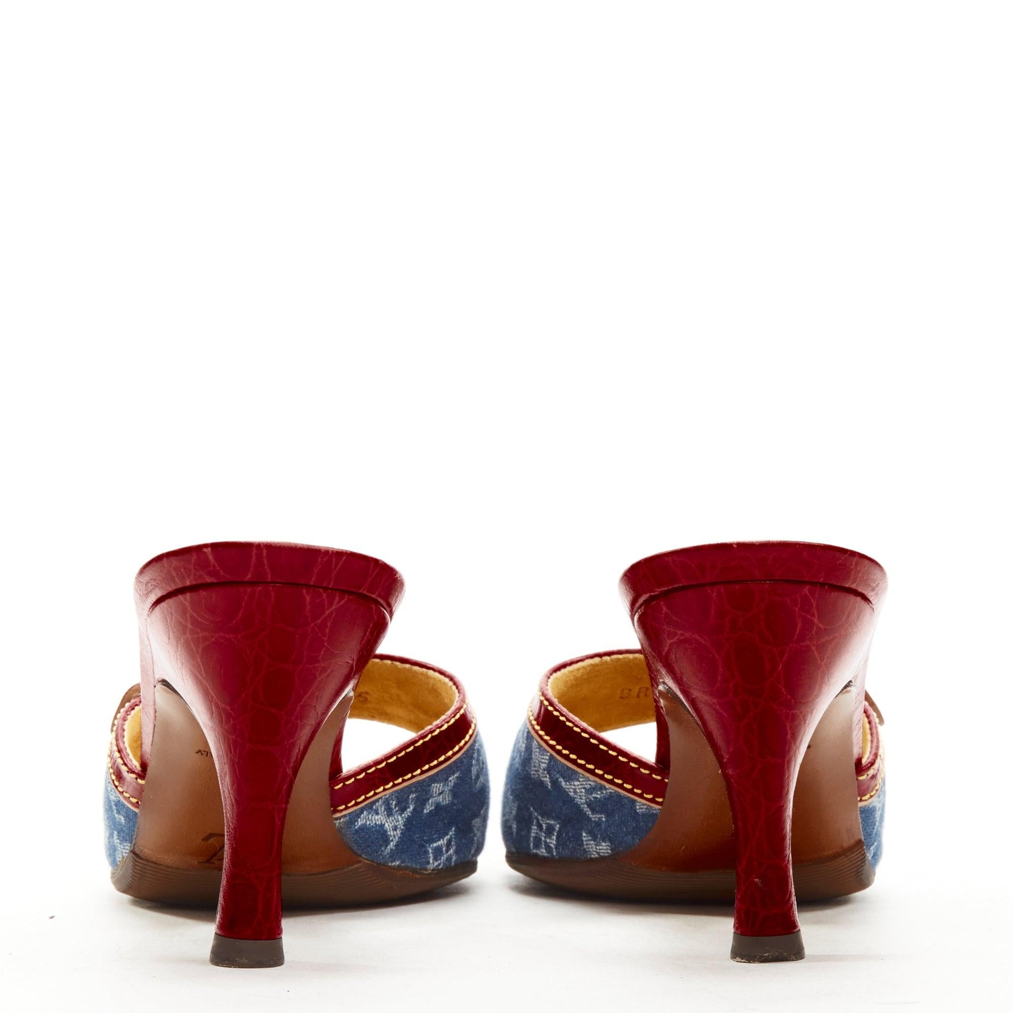 Women's LOUIS VUITTON Y2K blue denim buckle leather high heel mule sandal EU37