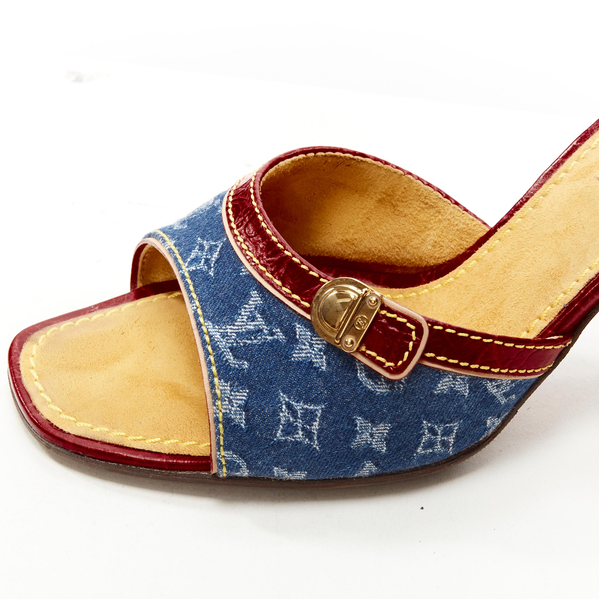 LOUIS VUITTON Y2K blue denim buckle leather high heel mule sandal EU37 3