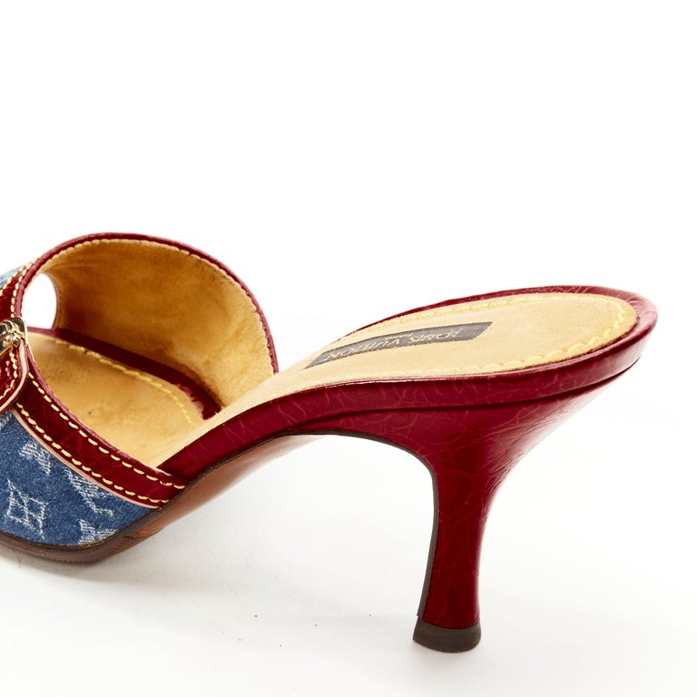 LOUIS VUITTON Y2K blue denim buckle leather high heel mule sandal EU37