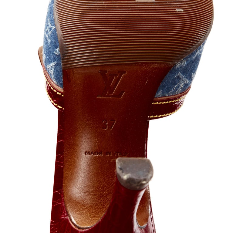 LOUIS VUITTON Y2K blue denim buckle leather high heel mule sandal EU37