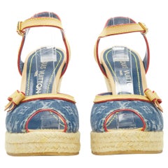 LOUIS VUITTON Y2K blue denim Vachetta bow peep toe espadrille wedge heel EU36.5