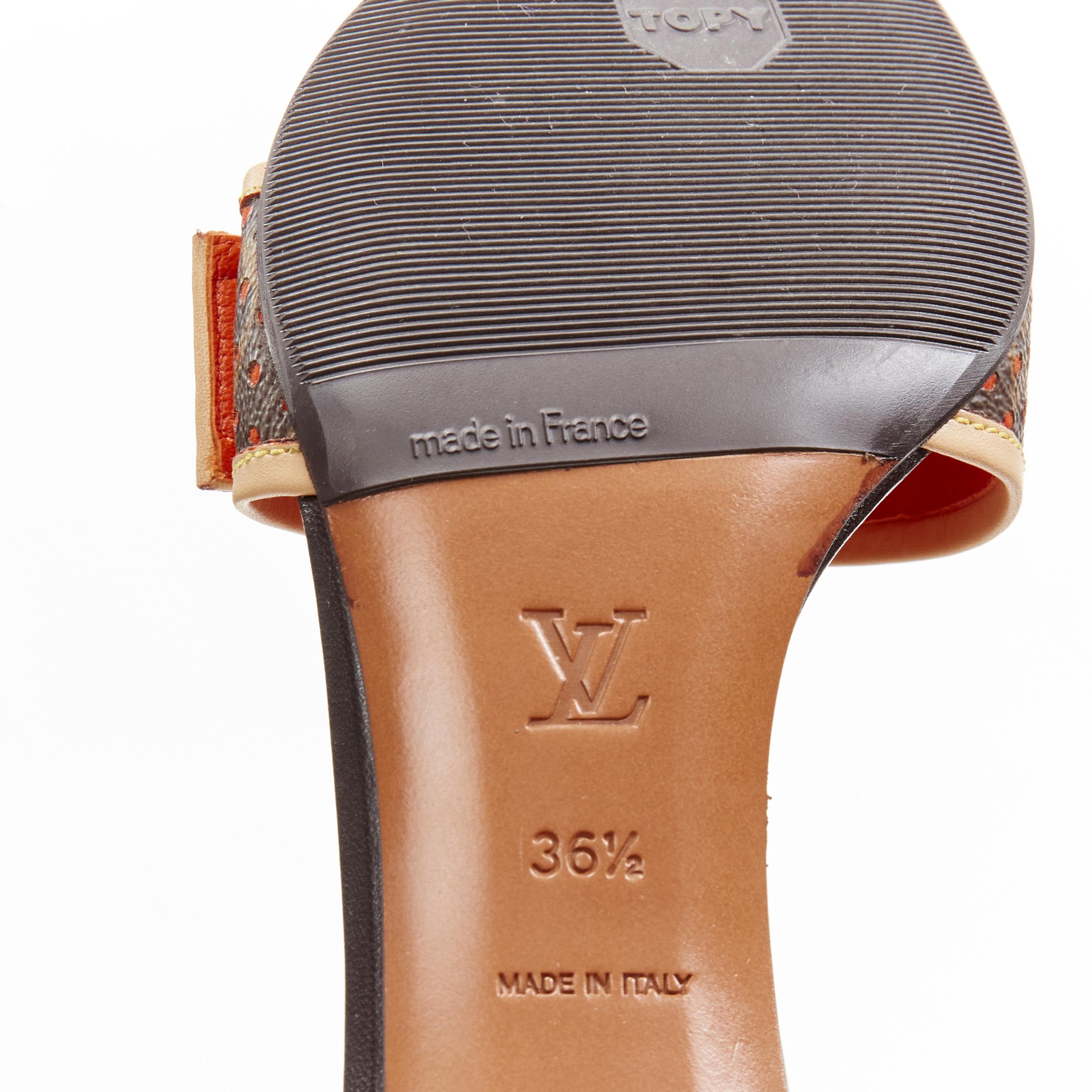 LOUIS VUITTON Y2K orange perforated LV monogram gold buckle heel sandal EU36.5 For Sale 5