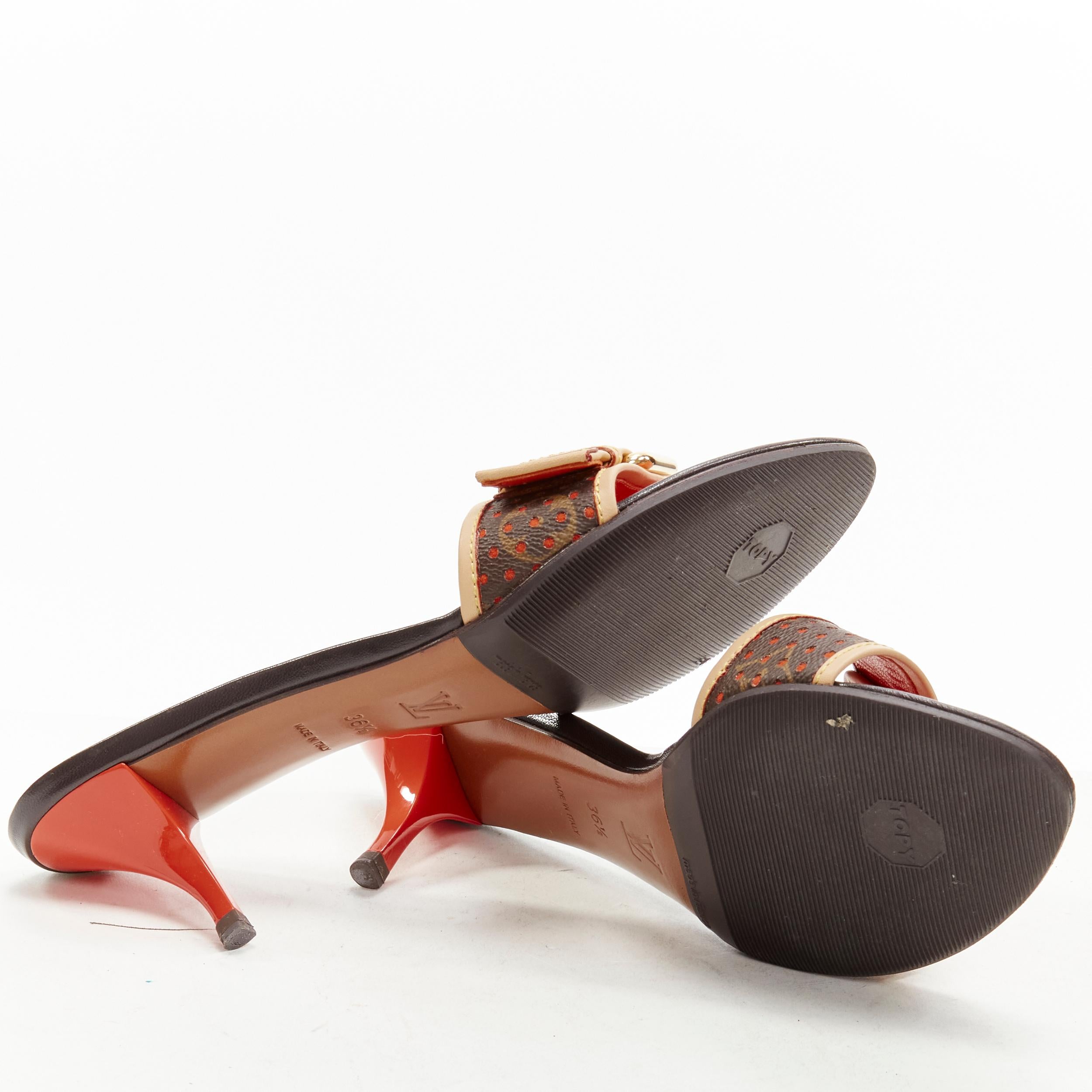 LOUIS VUITTON Y2K orange perforated LV monogram gold buckle heel sandal EU36.5 For Sale 6