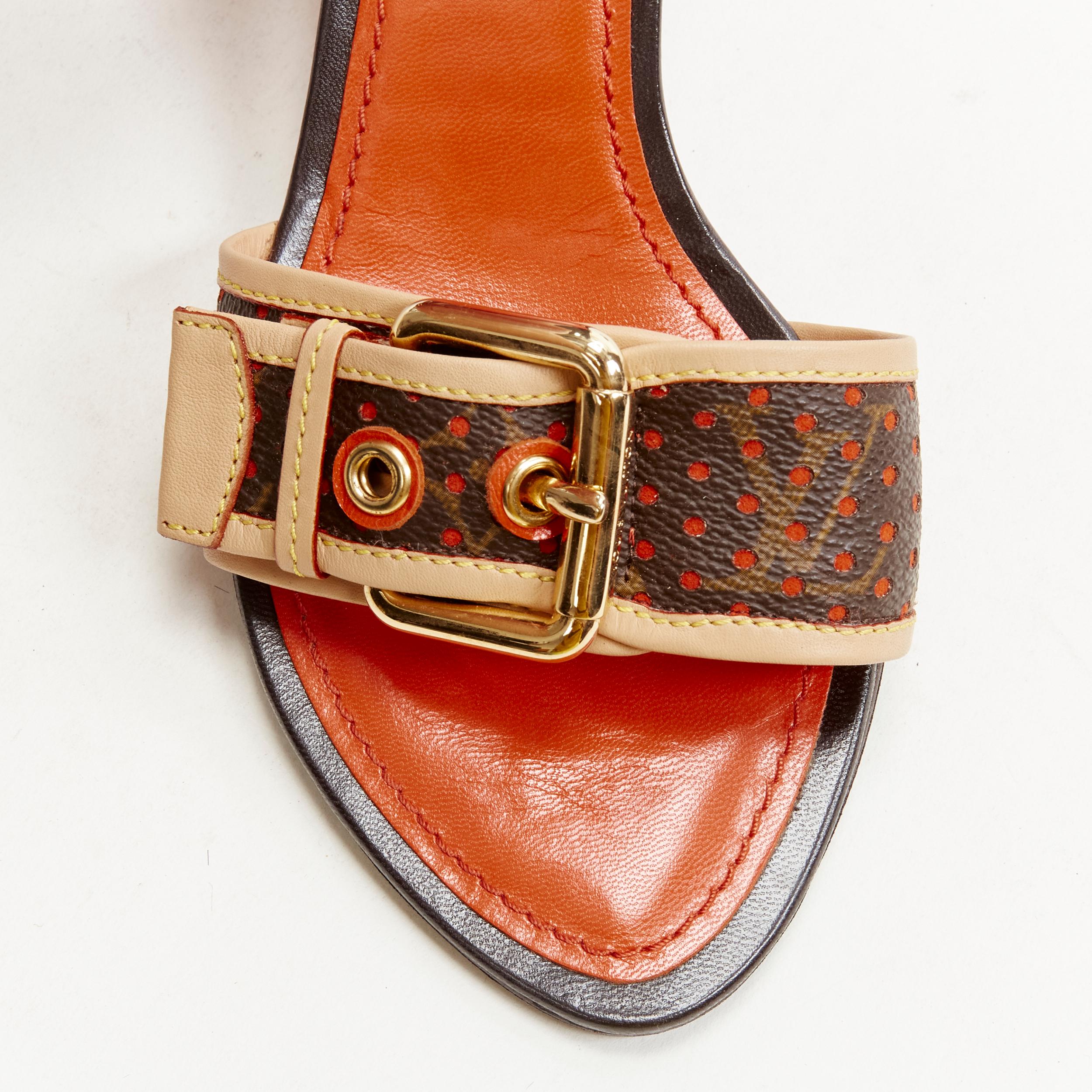 LOUIS VUITTON Y2K orange perforated LV monogram gold buckle heel sandal EU36.5 In Excellent Condition In Hong Kong, NT