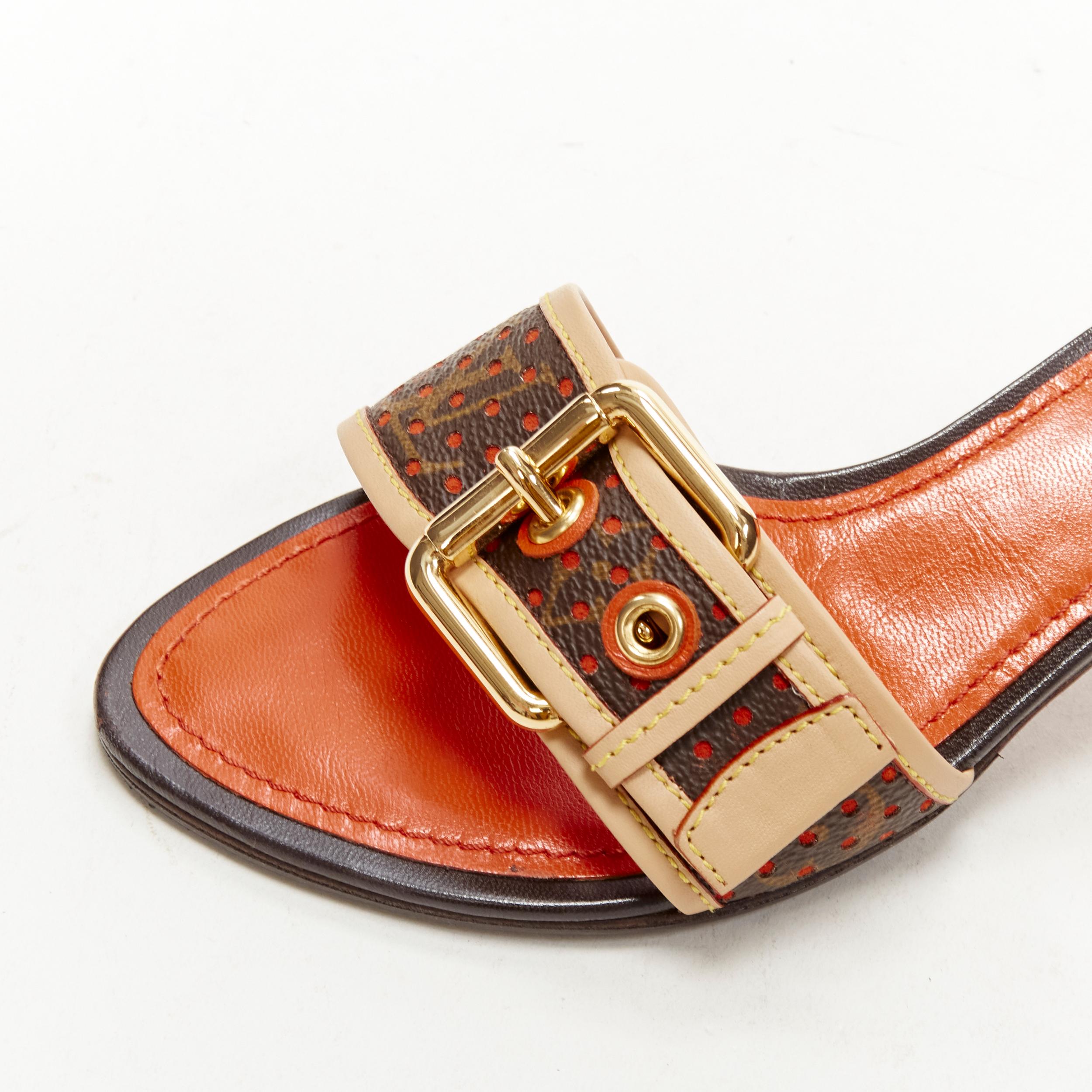 LOUIS VUITTON Y2K orange perforated LV monogram gold buckle heel sandal EU36.5 For Sale 2