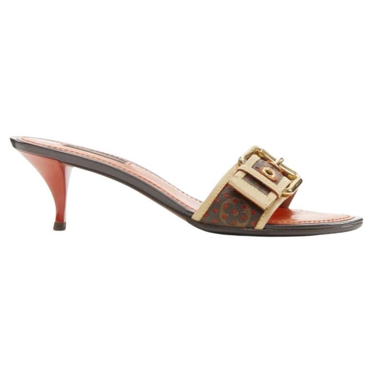 LOUIS VUITTON Y2K orange perforated LV monogram gold buckle heel sandal EU36.5