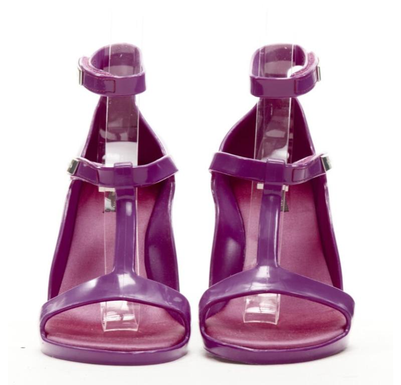 Purple LOUIS VUITTON Y2K purple rubber T-strap logo magic tape wedge sandal EU36 For Sale