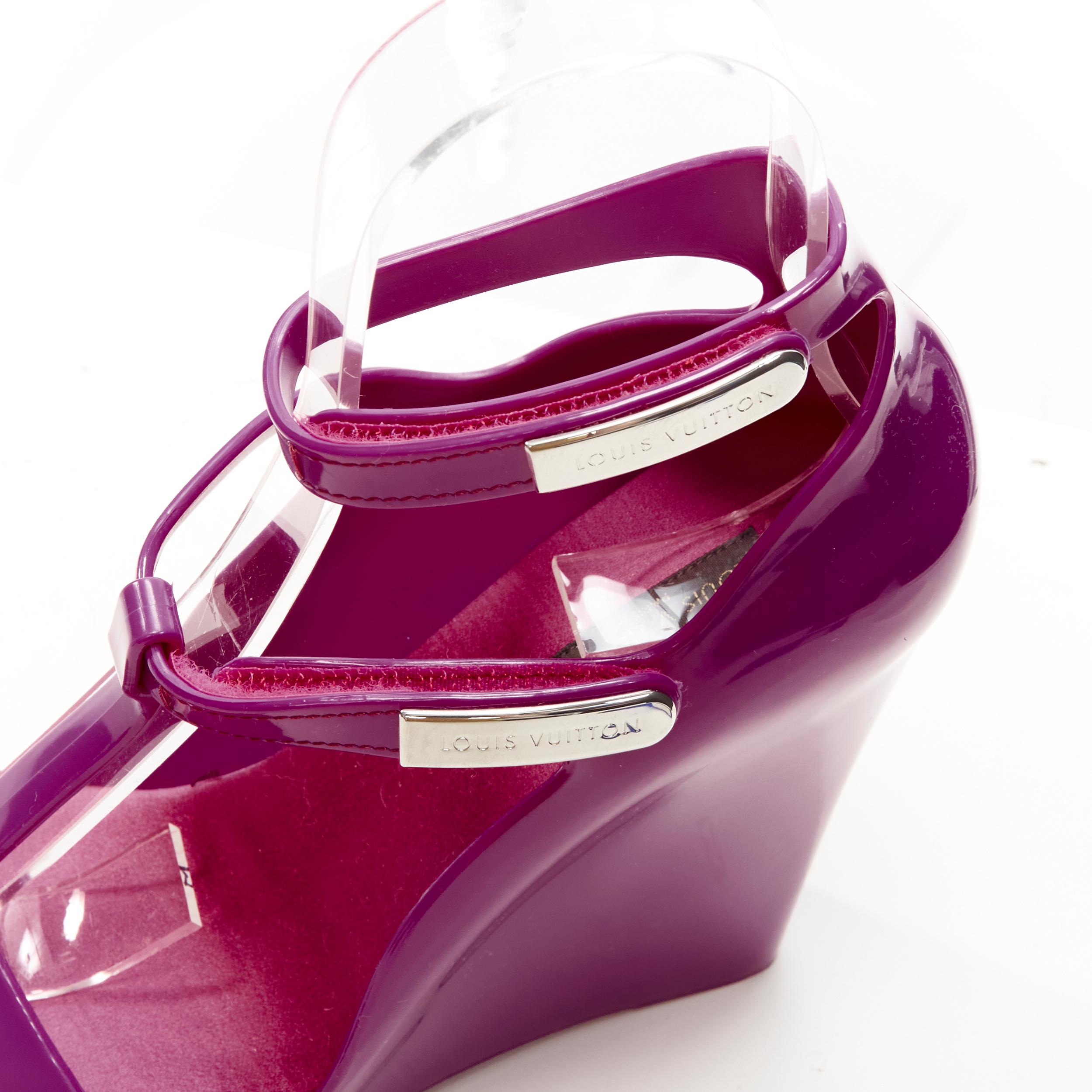 Women's LOUIS VUITTON Y2K purple rubber T-strap logo magic tape wedge sandal EU36 For Sale