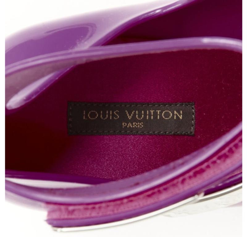 LOUIS VUITTON Y2K purple rubber T-strap logo magic tape wedge sandal EU36 For Sale 4