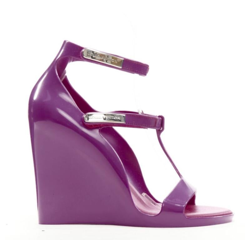 LOUIS VUITTON Y2K purple rubber T-strap logo magic tape wedge sandal EU36 For Sale