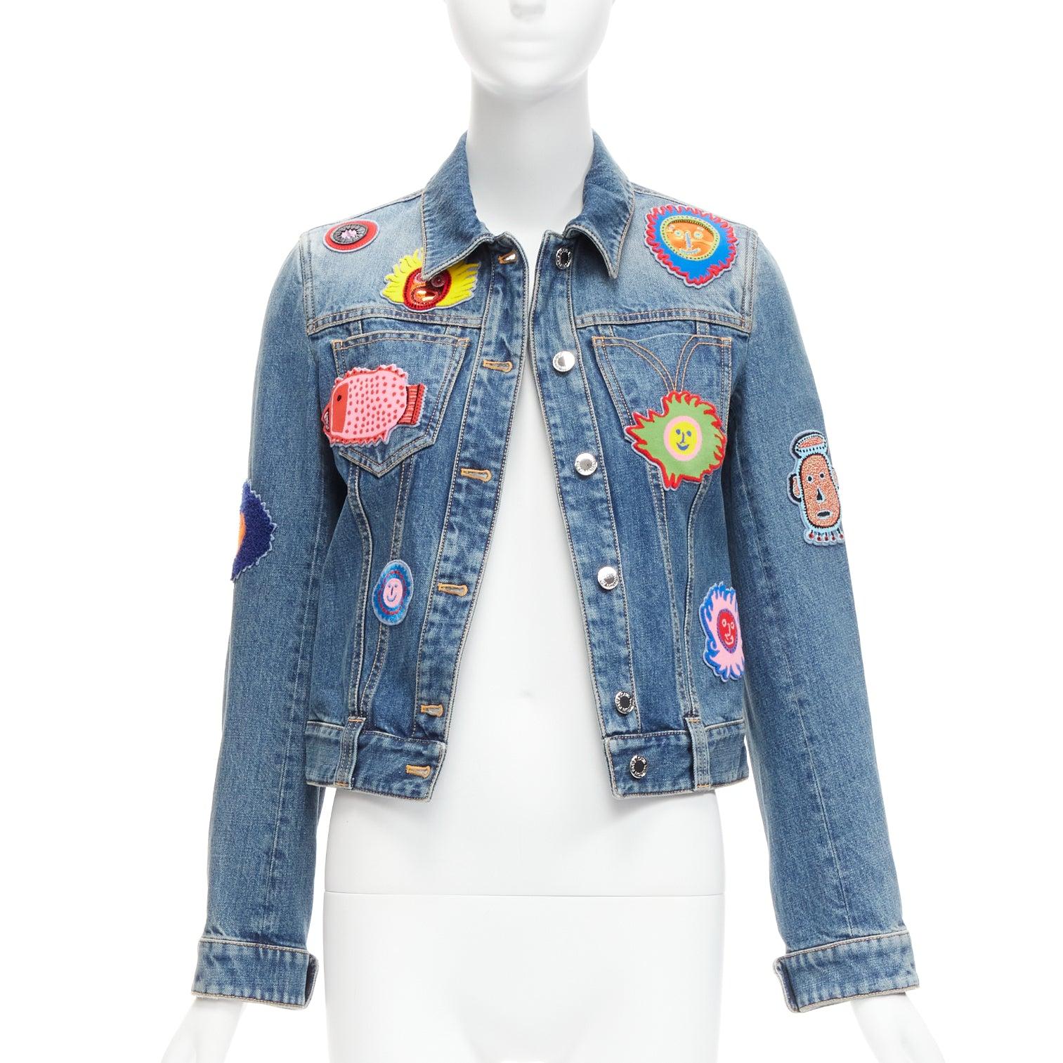 Gray LOUIS VUITTON Yayoi Kusama 2023 Faces leather wool patch denim jacket FR34 XS For Sale