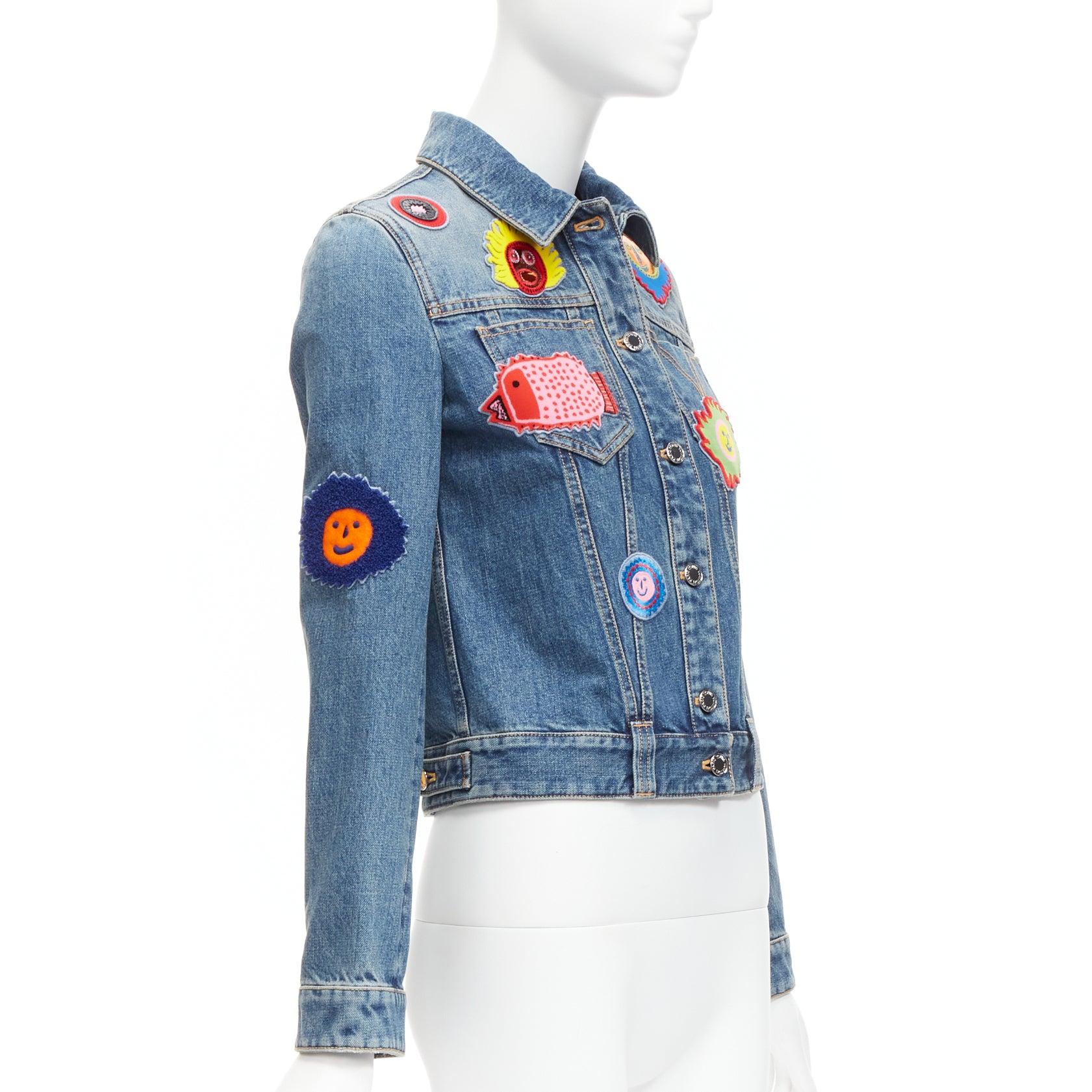 LOUIS VUITTON Yayoi Kusama 2023 Faces leather wool patch denim jacket FR34 XS In Excellent Condition For Sale In Hong Kong, NT