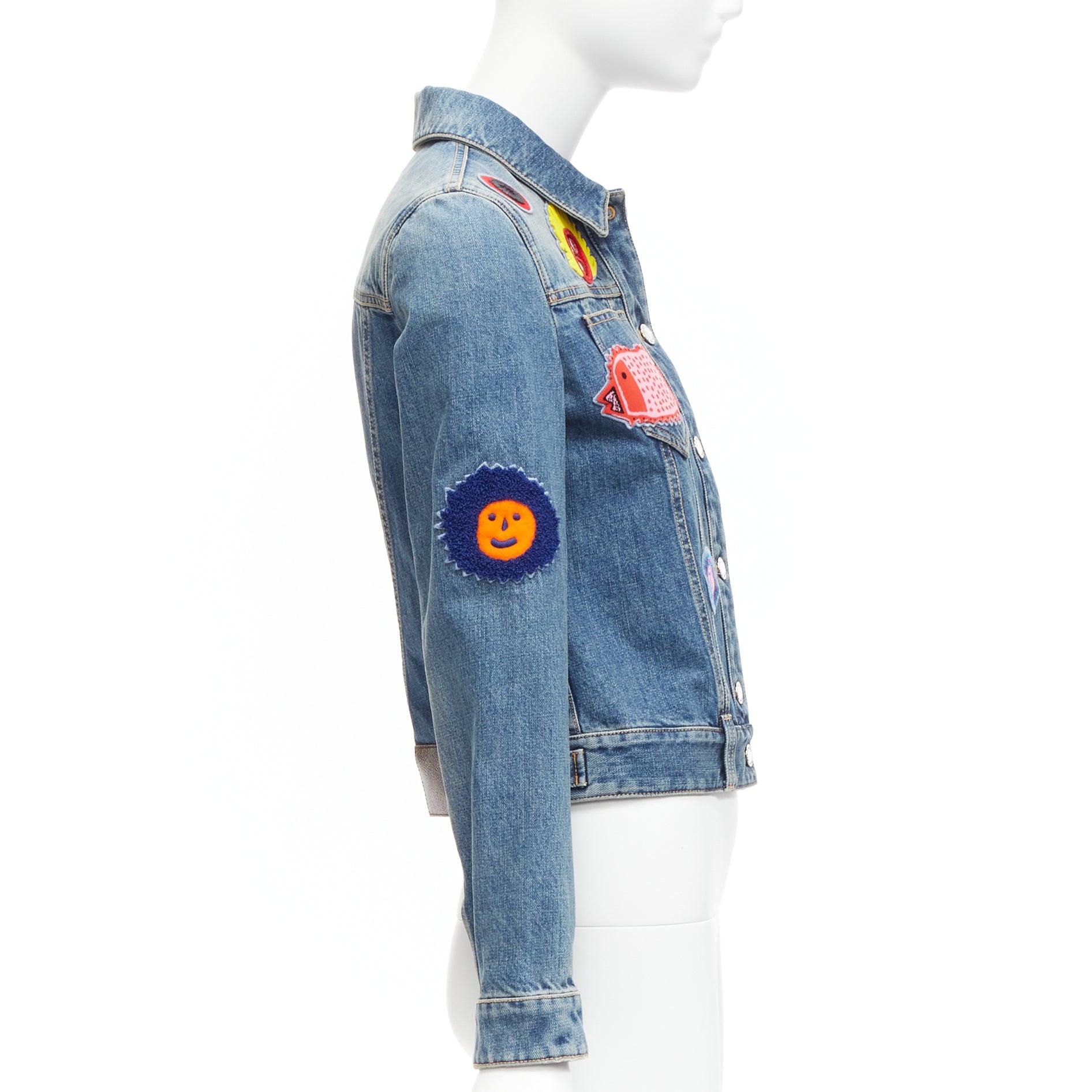 Women's LOUIS VUITTON Yayoi Kusama 2023 Faces leather wool patch denim jacket FR34 XS For Sale