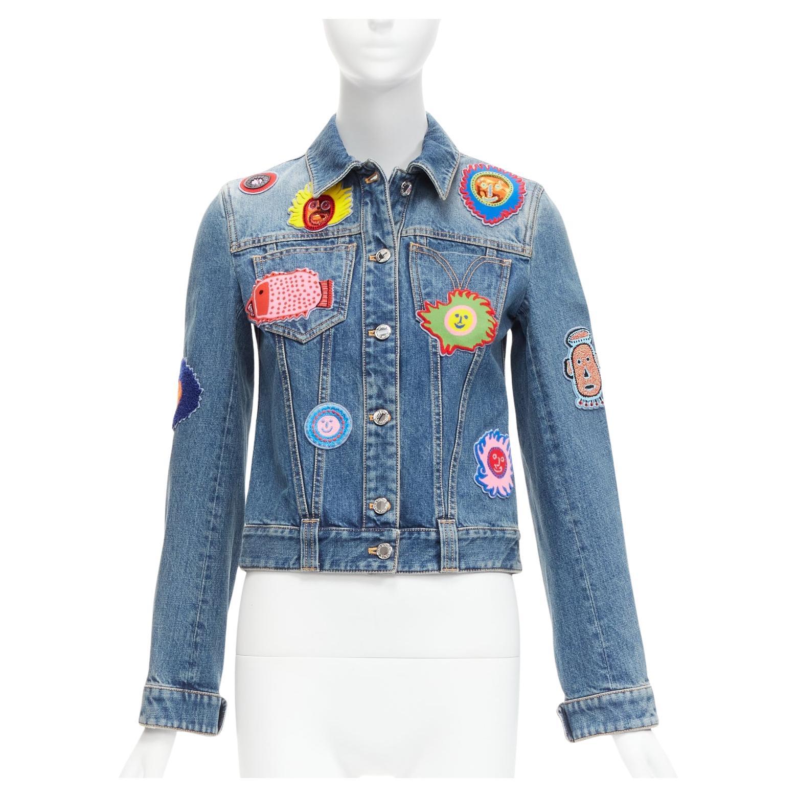 LOUIS VUITTON Yayoi Kusama 2023 Faces leather wool patch denim jacket FR34 XS For Sale