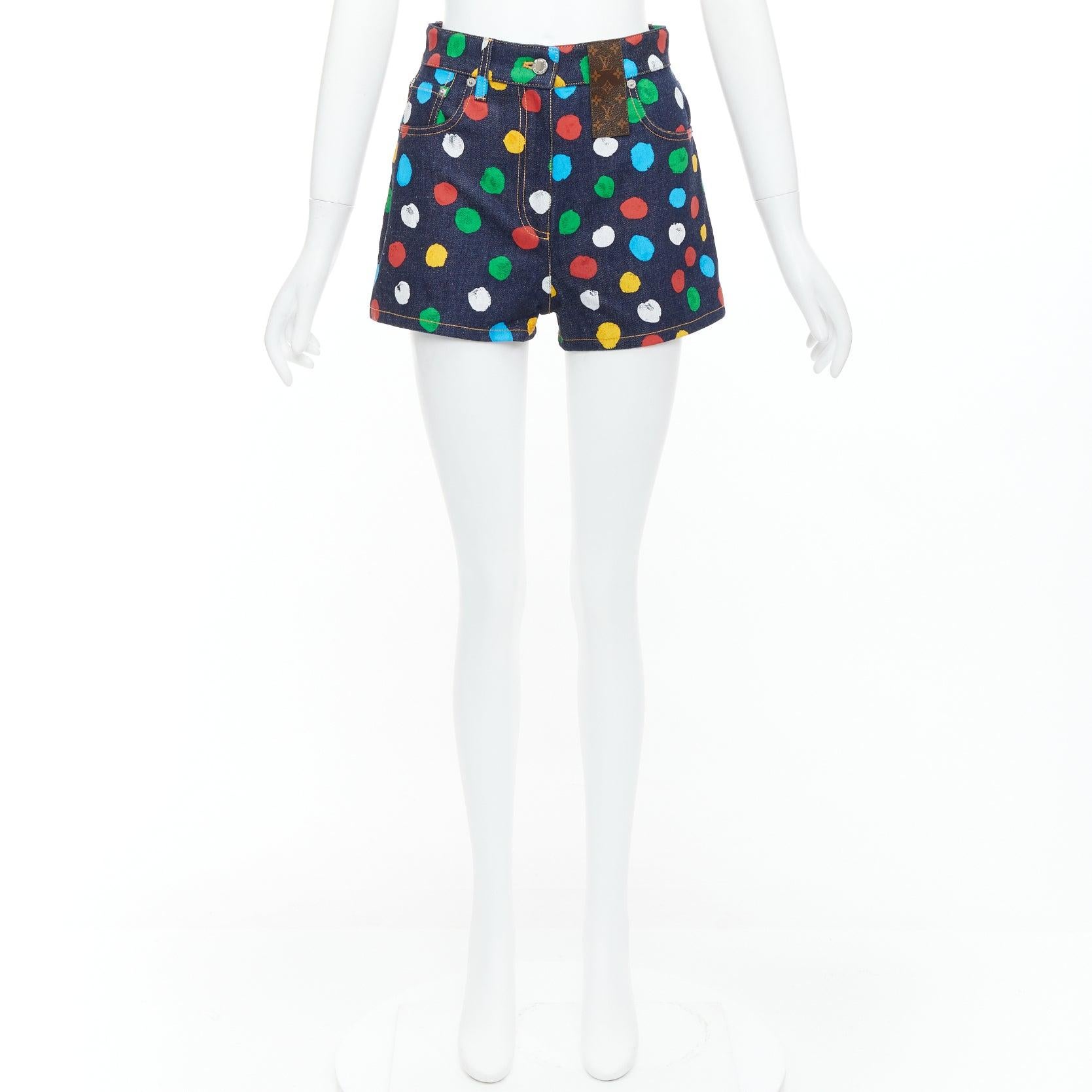 LOUIS VUITTON Yayoi Kusama Painted Dots logo patch denim shorts FR34 XS For Sale 5