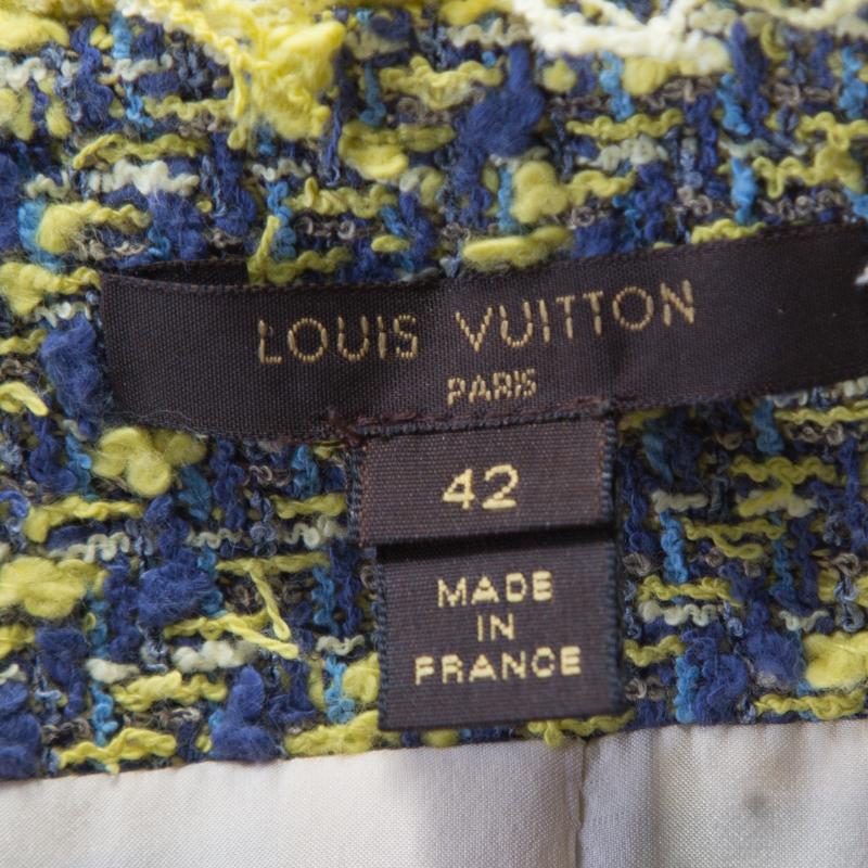 Women's Louis Vuitton Yellow and Blue Tweed Fringed Trim Long Coat L