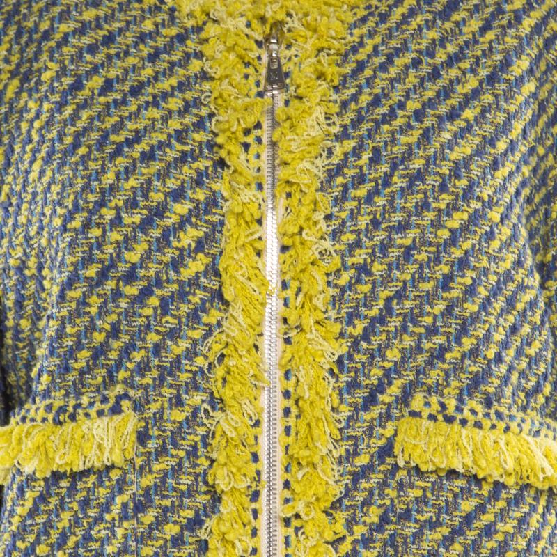 Brown Louis Vuitton Yellow and Blue Tweed Fringed Trim Long Coat L