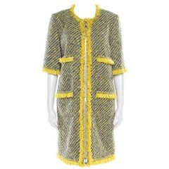 Louis Vuitton Yellow and Blue Tweed Fringed Trim Long Coat L