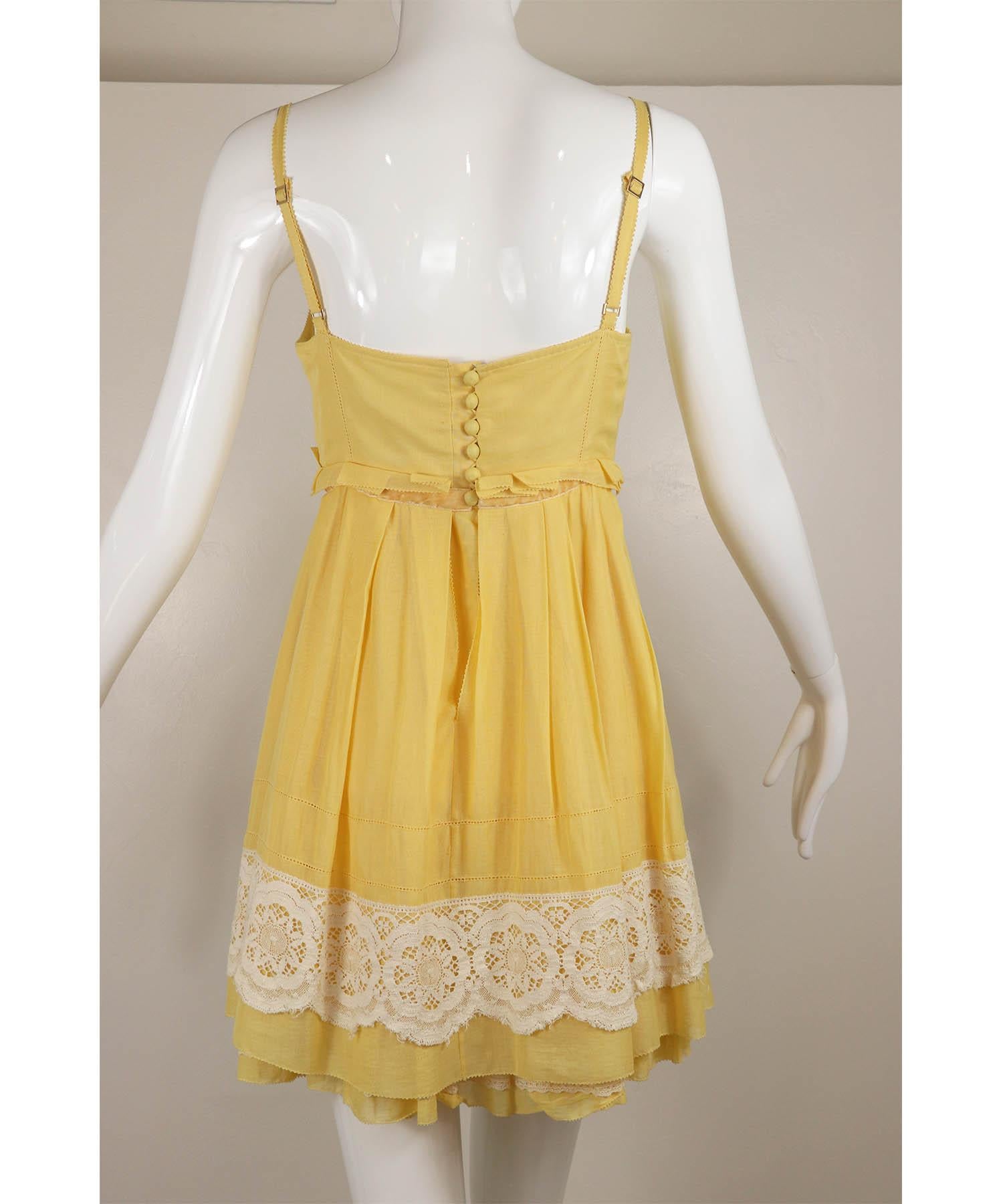 Louis Vuitton Yellow Cotton White Lace Babydoll Dress Vintage Y2K In Good Condition In Carmel, CA