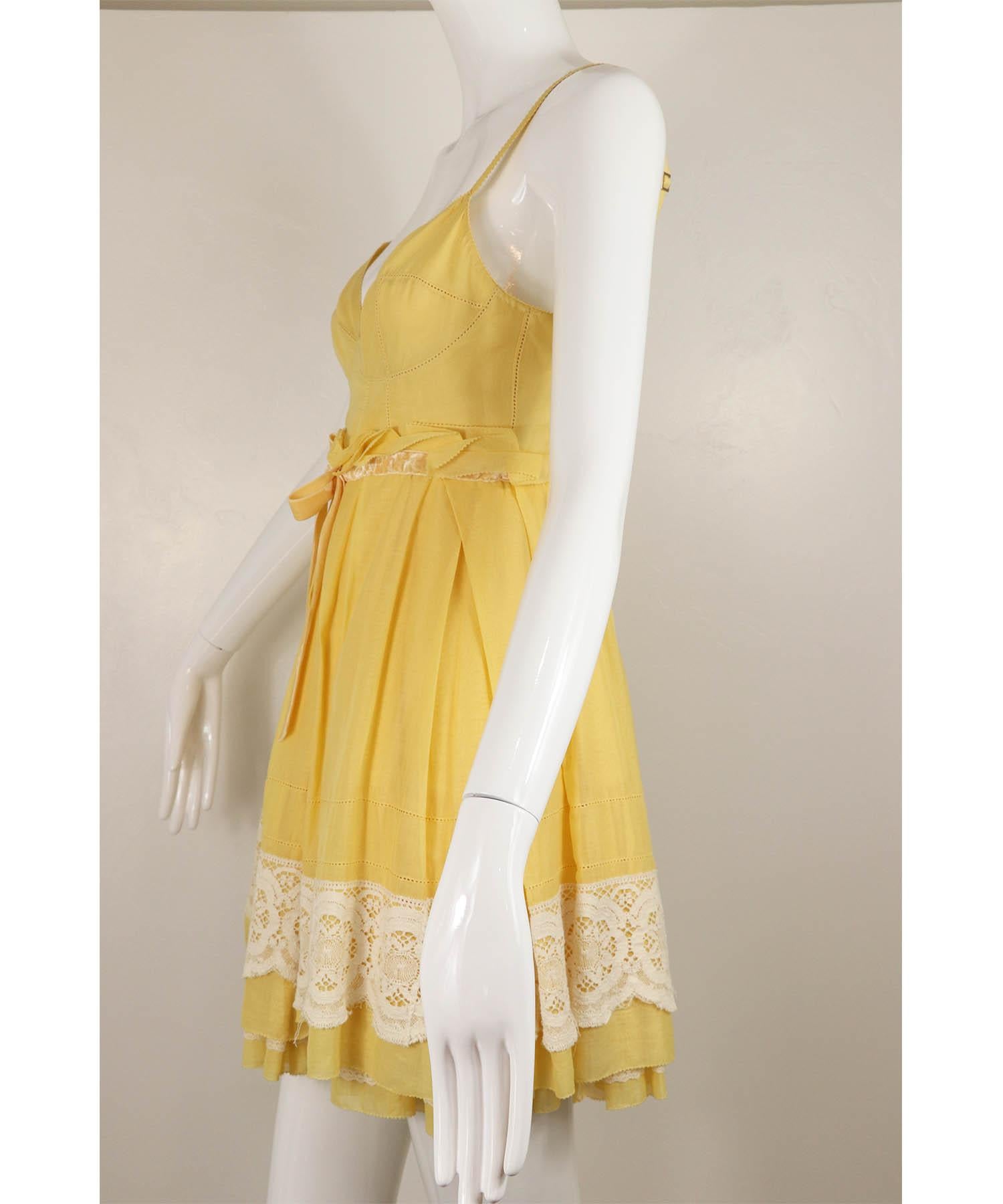 Women's Louis Vuitton Yellow Cotton White Lace Babydoll Dress Vintage Y2K