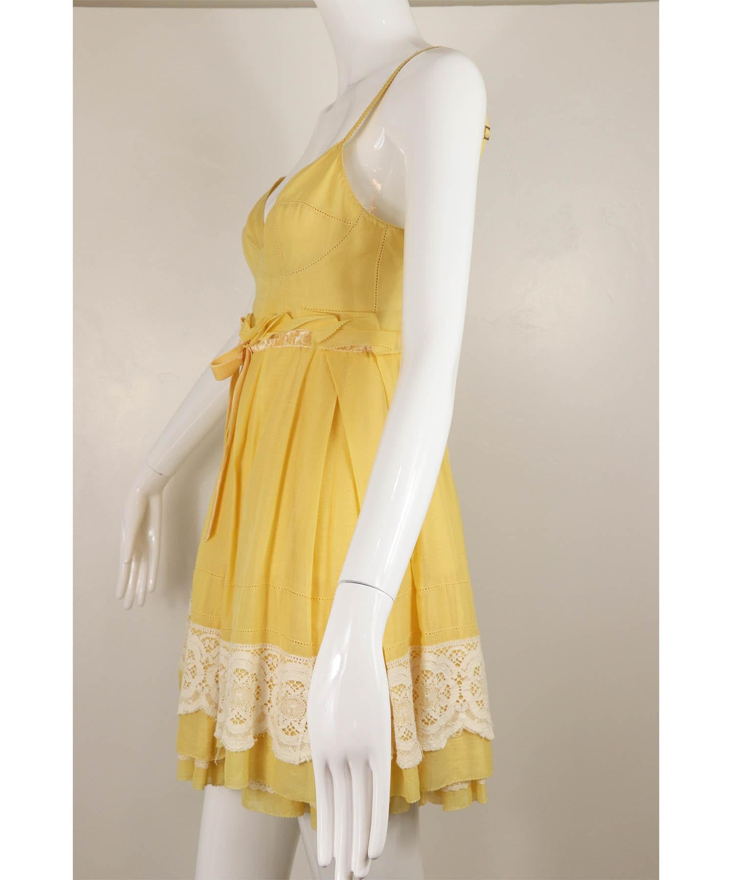 Louis Vuitton Yellow Cotton White Lace Babydoll Dress Vintage Y2K 1