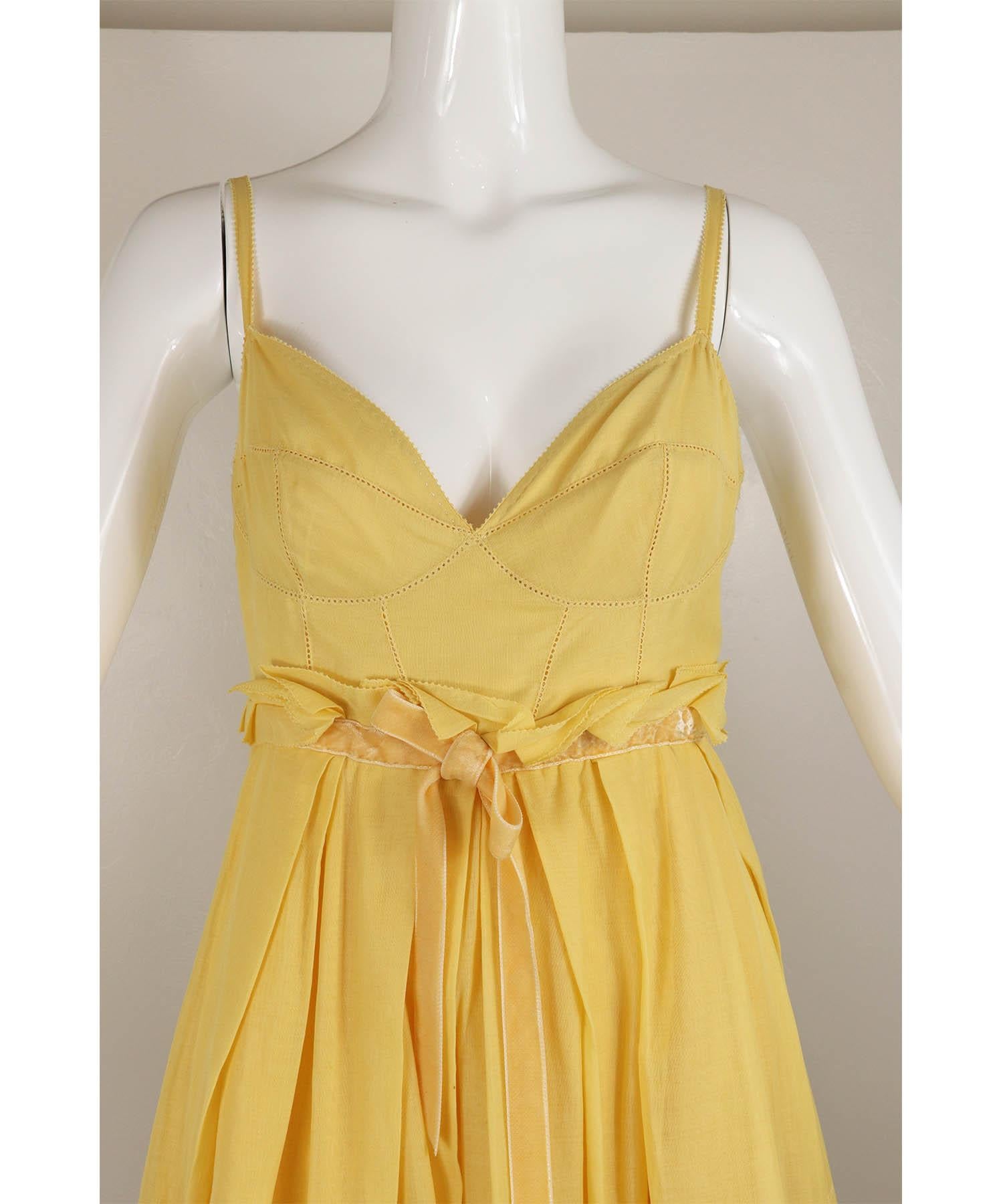 Louis Vuitton Yellow Cotton White Lace Babydoll Dress Vintage Y2K 1