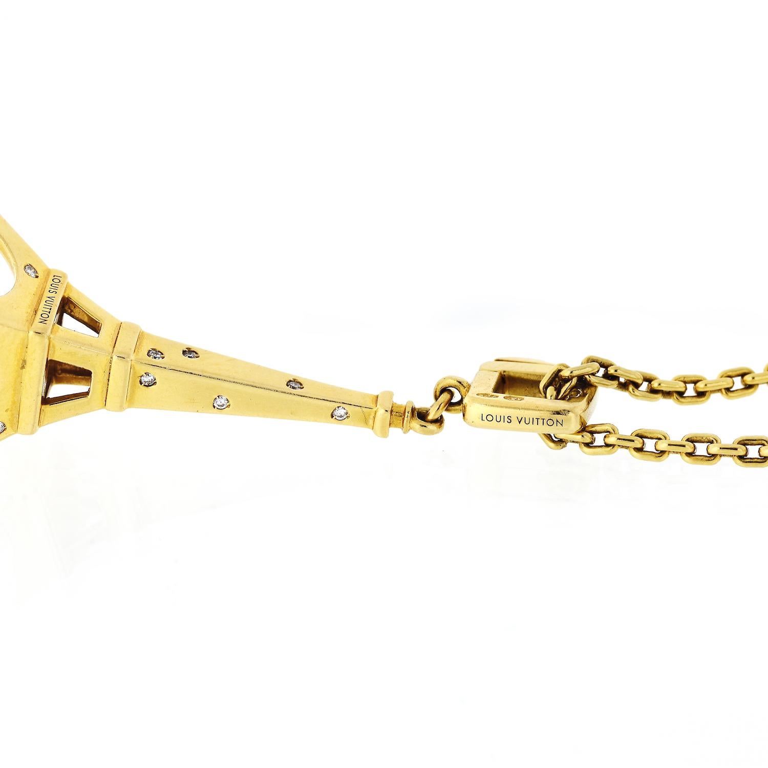 Modern Louis Vuitton Yellow Gold Eiffel Tower Diamond Charm Pendant Necklace