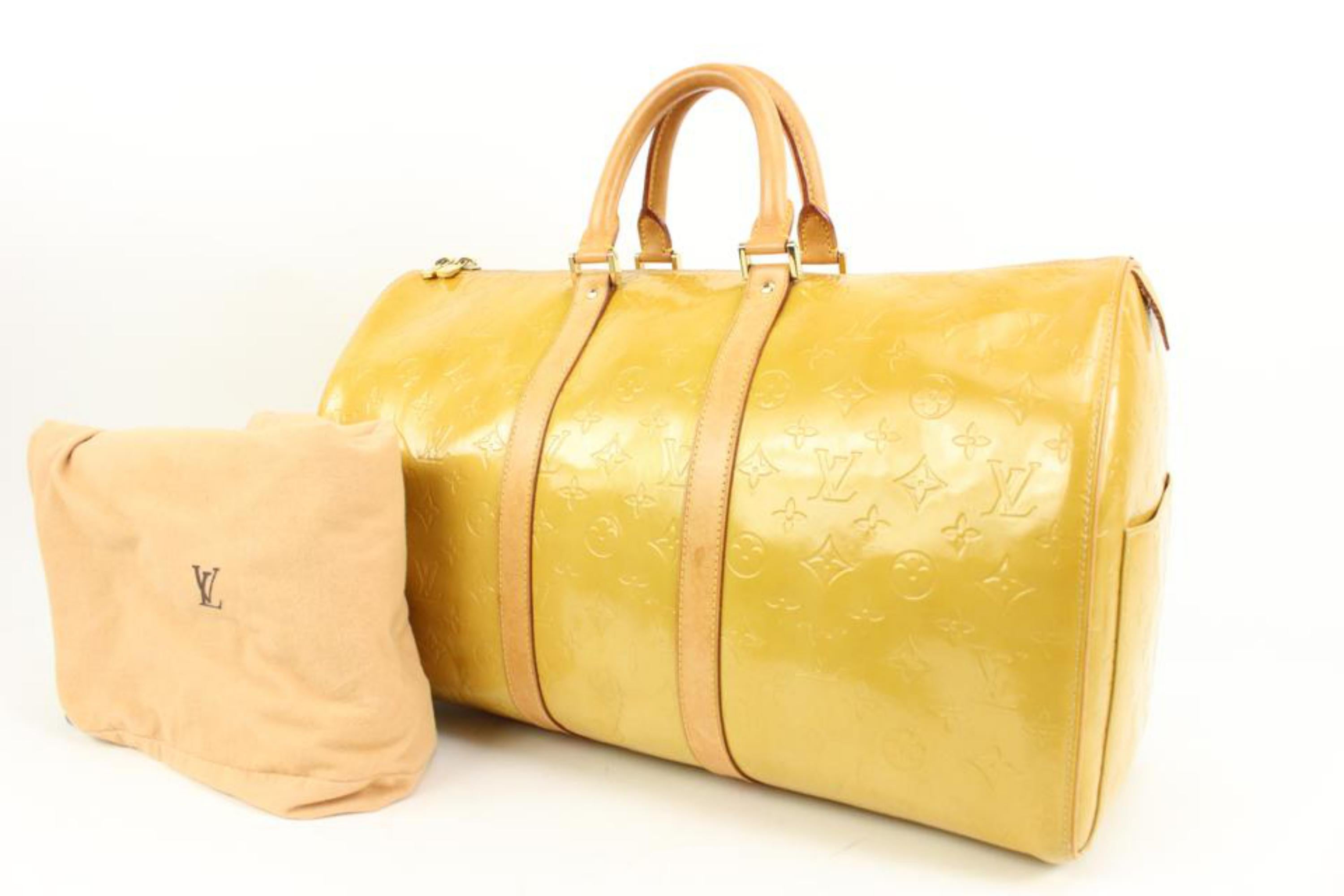 Louis Vuitton Yellow Monogram Vernis Mercer Keepall Duffle Bag 88lv317s
Date Code/Serial Number: BA1918
Made In: France
Measurements: Length:  18.5