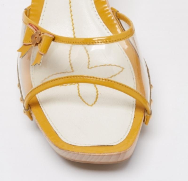 Women's Louis Vuitton Yellow Patent Leather And PVC Bow Platform Slide Sandals Size 40.5