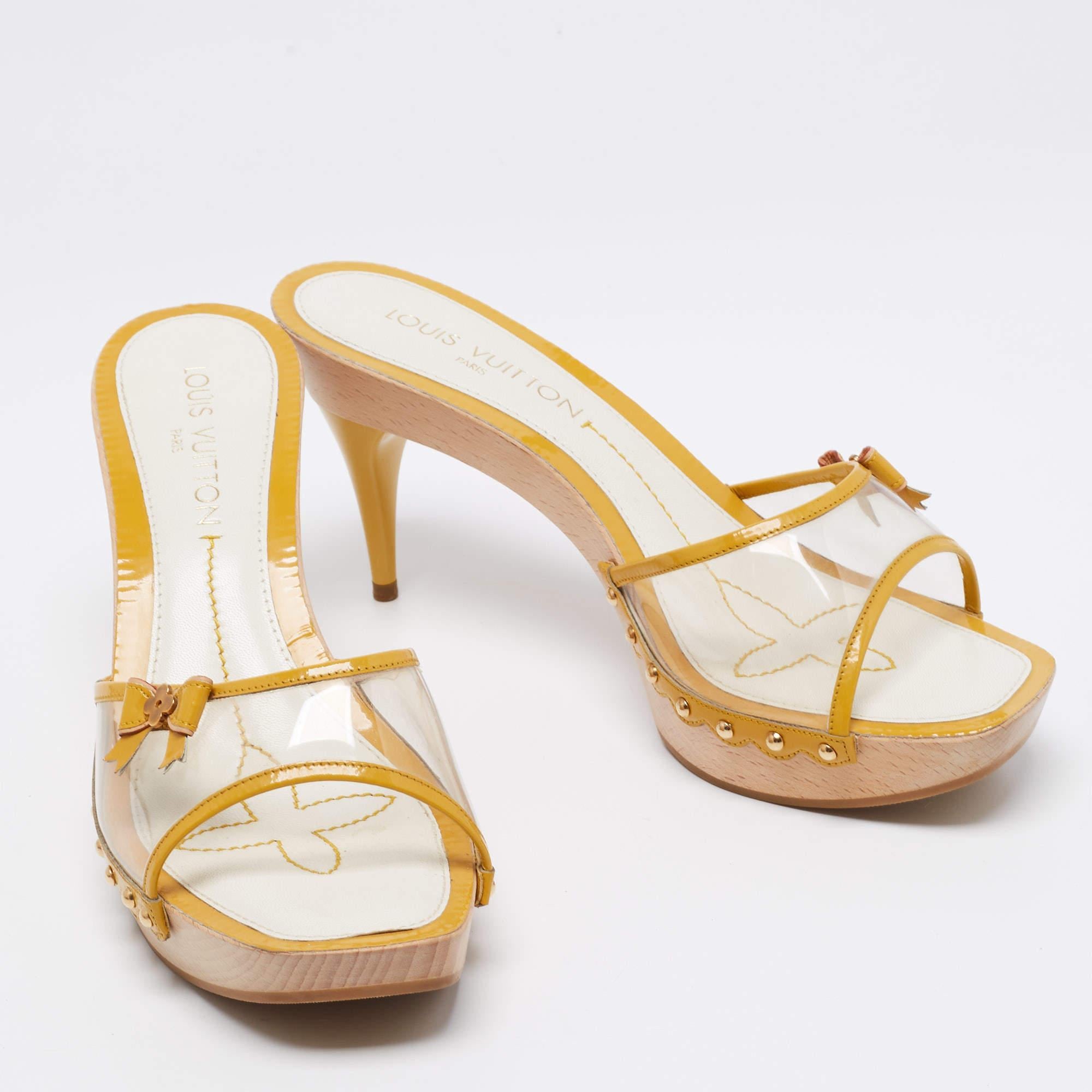 Women's Louis Vuitton Yellow Patent Leather And PVC Bow Platform Slide Sandals Size 40.5 For Sale