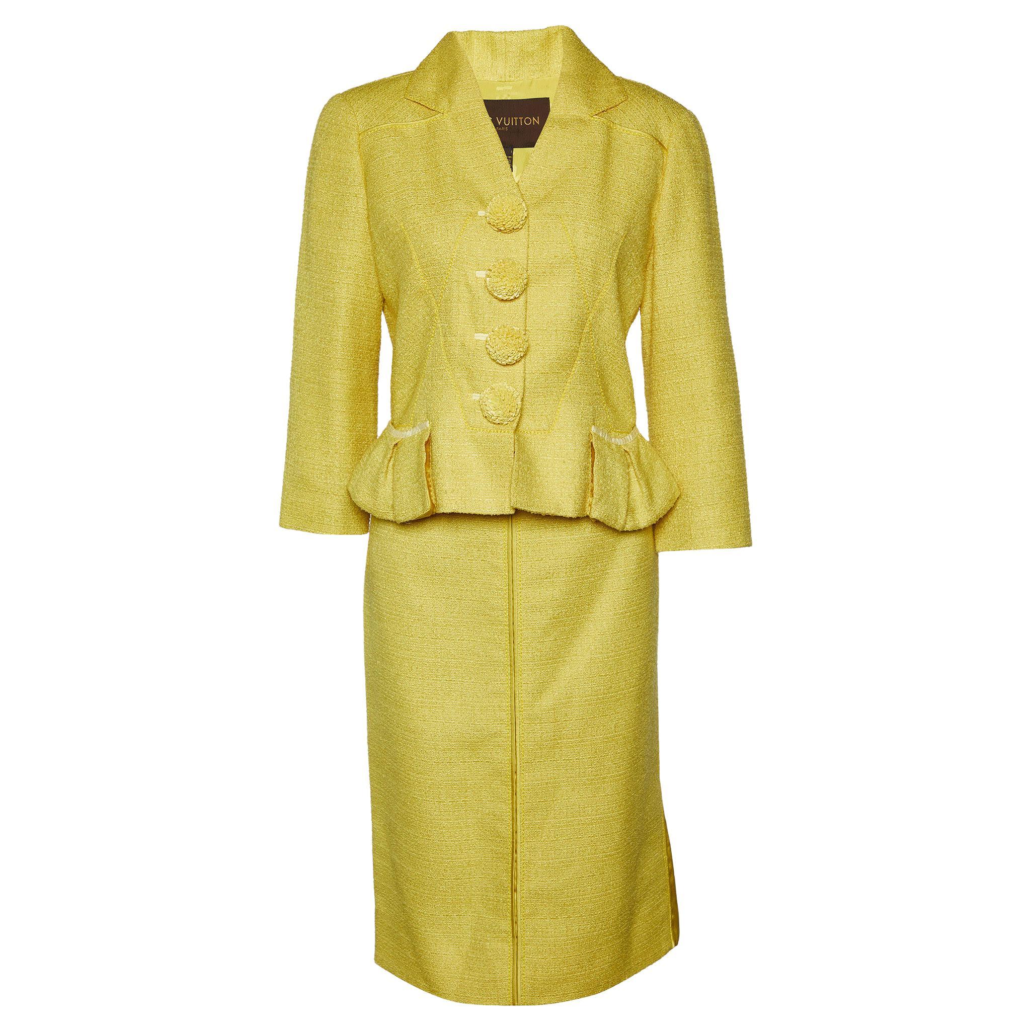 Louis Vuitton - Ensemble blazer et jupe en tweed jaune, taille M en vente